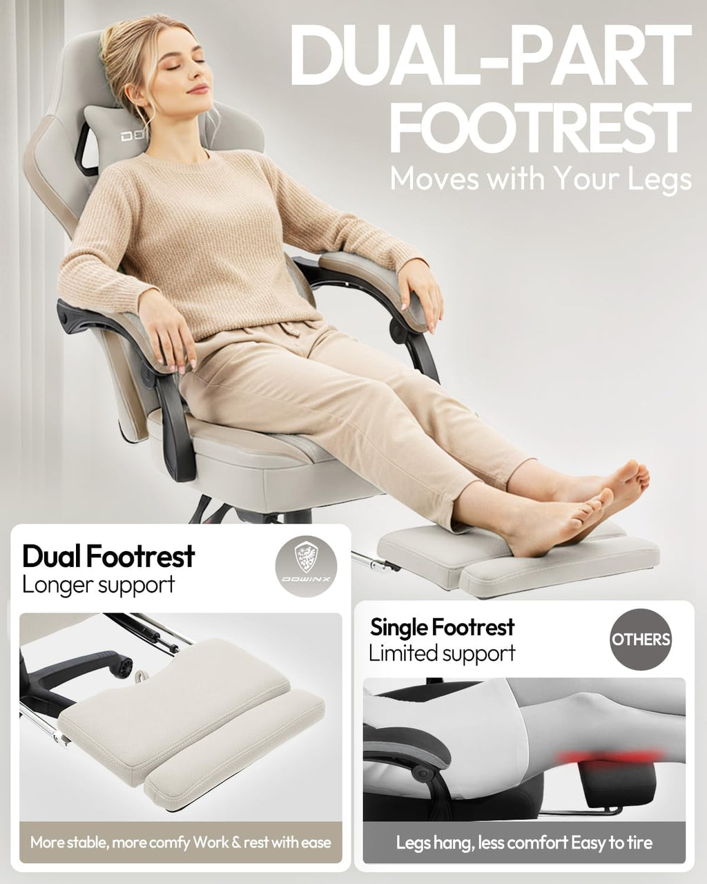 Dowinx Gaming Chair Breathable Fabric Game Chair with Gel Pad and Storage Bag, Comfortable Gamer Chair with Pocket Spring Cushion, Ergonomic Computer Chair with Footrest, Beige and Brown