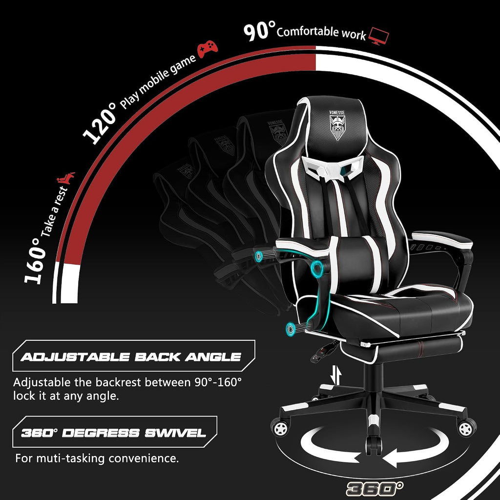 Vonesse Gaming Chair with Footrest,Reclining Computer Gaming Chair for Adults,Big and Tall Gamer Chair with Massage,Ergonomic High Back (White/Black)