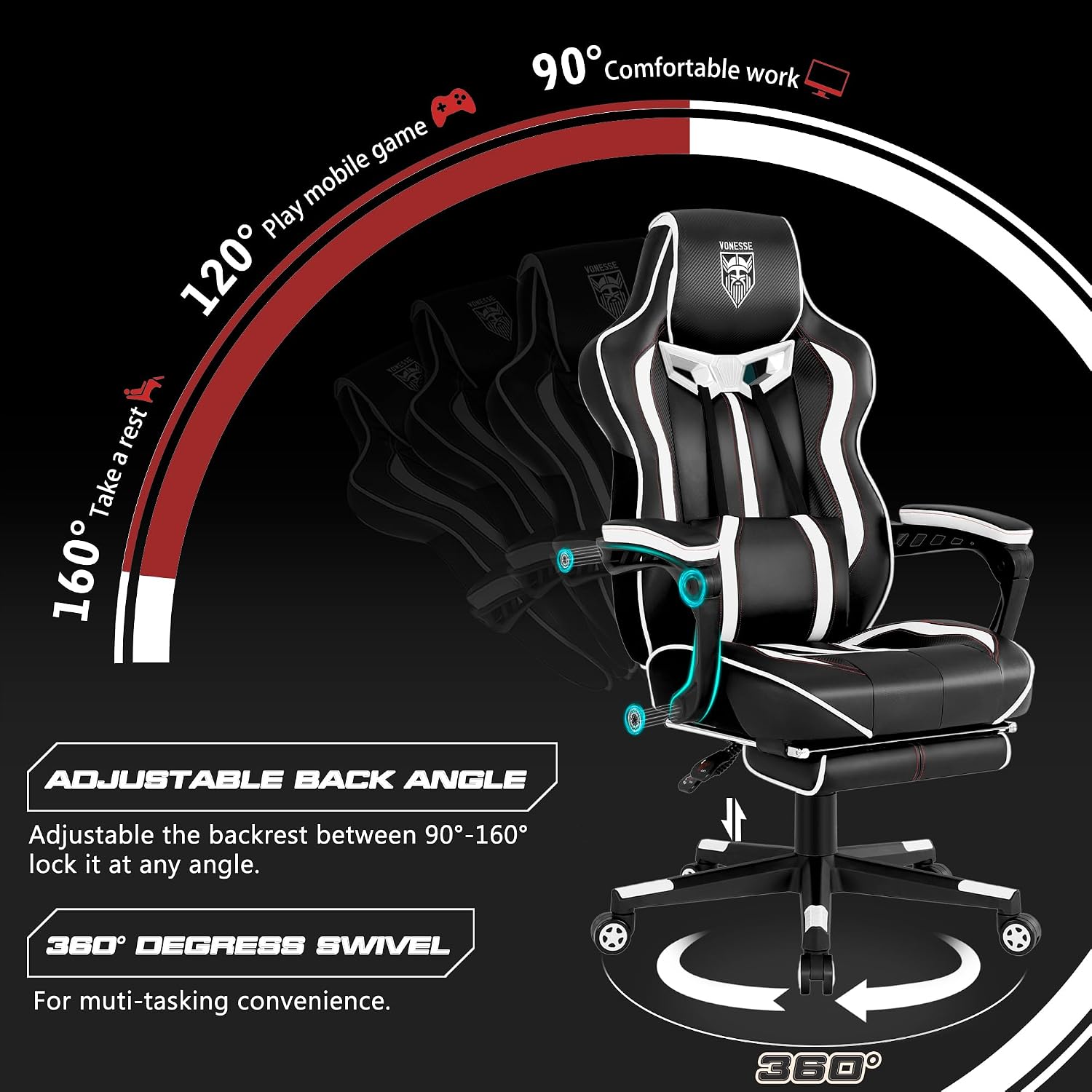 Vonesse Gaming Chair with Footrest,Reclining Computer Gaming Chair for Adults,Big and Tall Gamer Chair with Massage,Ergonomic High Back (White/Black)