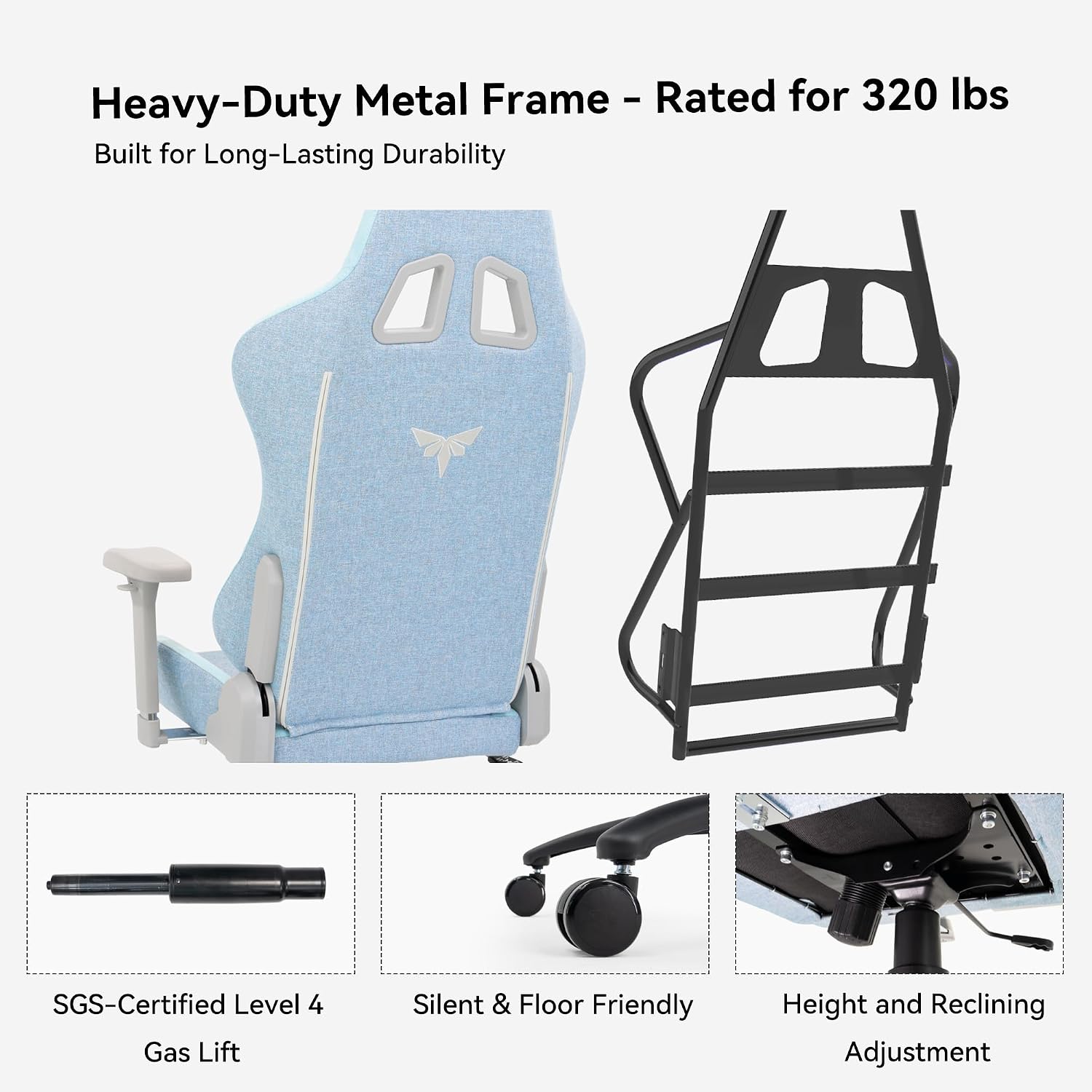 Gaming Chair 4D Adjustable Armrests - 155° Reclining & 320lb Capacity, High Back Ergonomic Computer Chair with Lumbar Support, Fabric Office Chair for Adults (Blue)