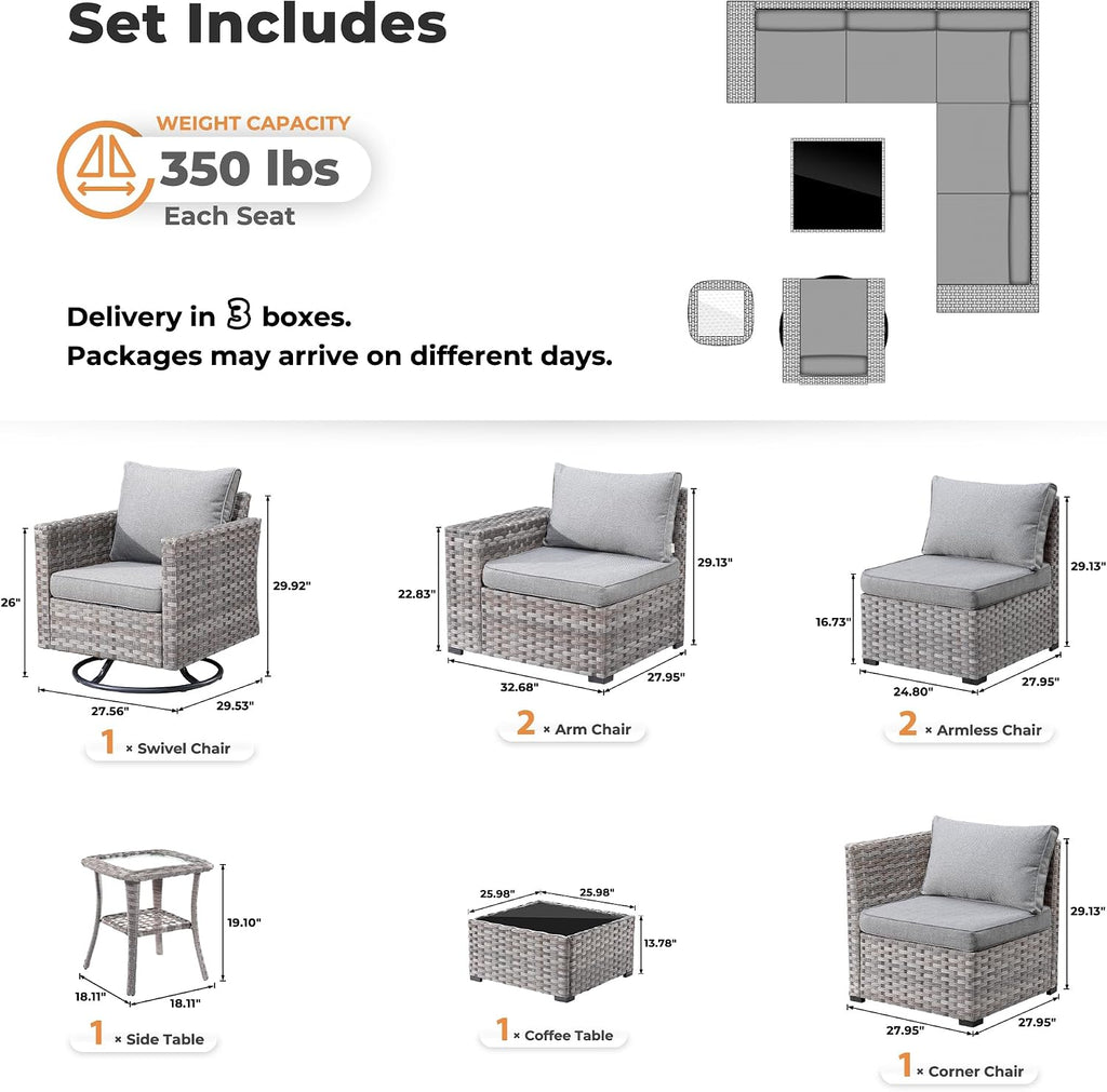 ovios 8 Pieces Patio Furniture Set, Outdoor Wicker Sectional Sofa with Swivel Chair Coffee Table, Modern Modular Deep Seat Rattan Couch Conversation Sets, Dark Grey