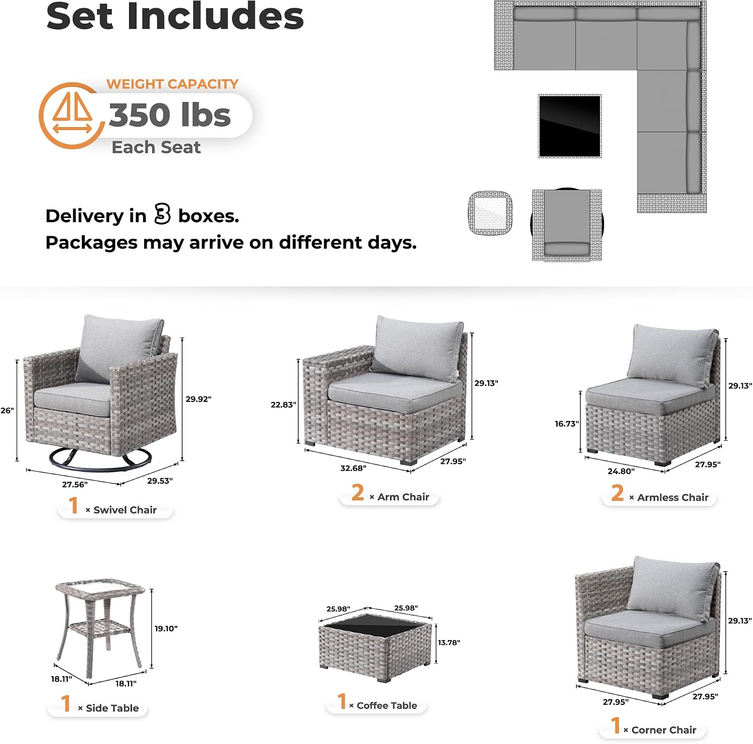 ovios 8 Pieces Patio Furniture Set, Outdoor Wicker Sectional Sofa with Swivel Chair Coffee Table, Modern Modular Deep Seat Rattan Couch Conversation Sets, Dark Grey
