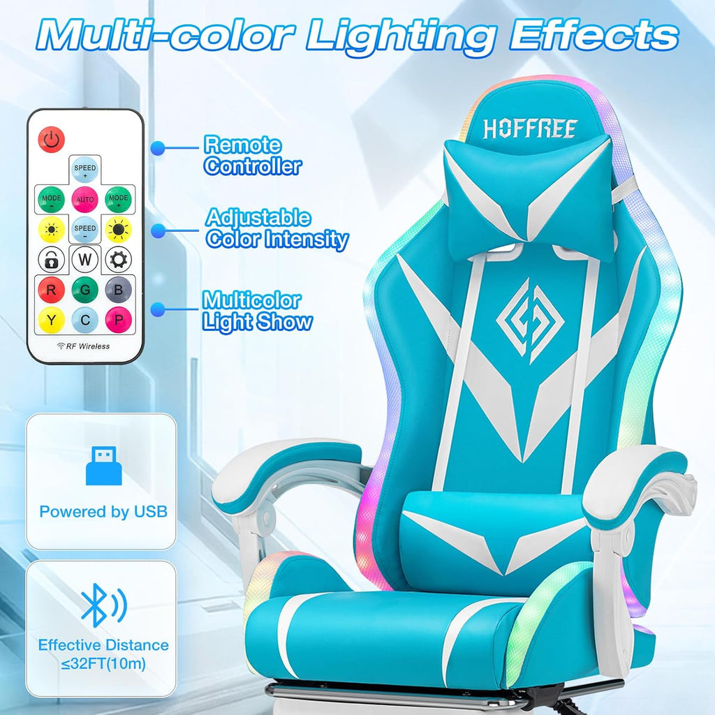 HOFFREE Gaming Chair with LED RGB Lights Massage Ergonomic Video Game Chairs with Footrest High Back Reclining Computer Chair with Adjustable Lumbar Support Blue and White