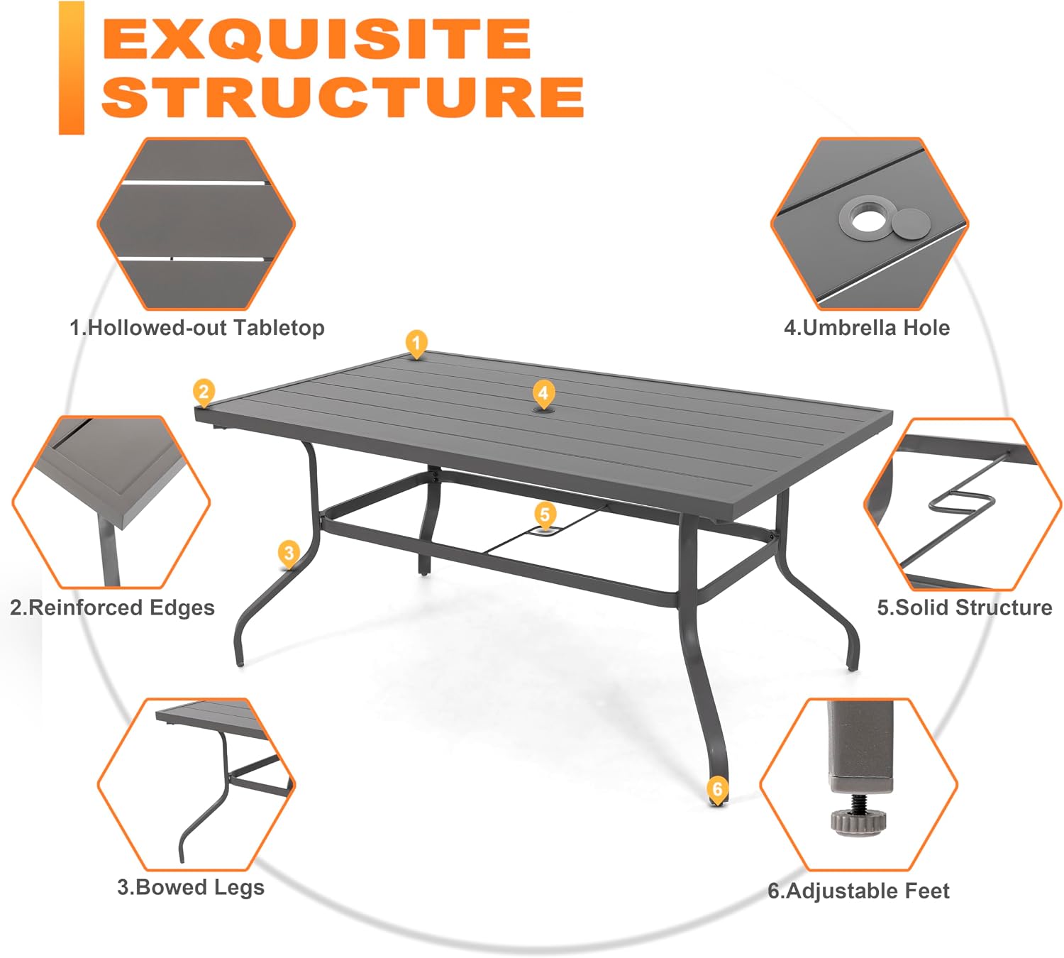 NUU GARDEN Outdoor Patio Dining Set 7 Piece Furniture Set Including 61'x37' Rectangular Outdoor Metal Patio Dining Table and 6 Gray Textilene Chairs for Garden, Patio and Poolside Backyards