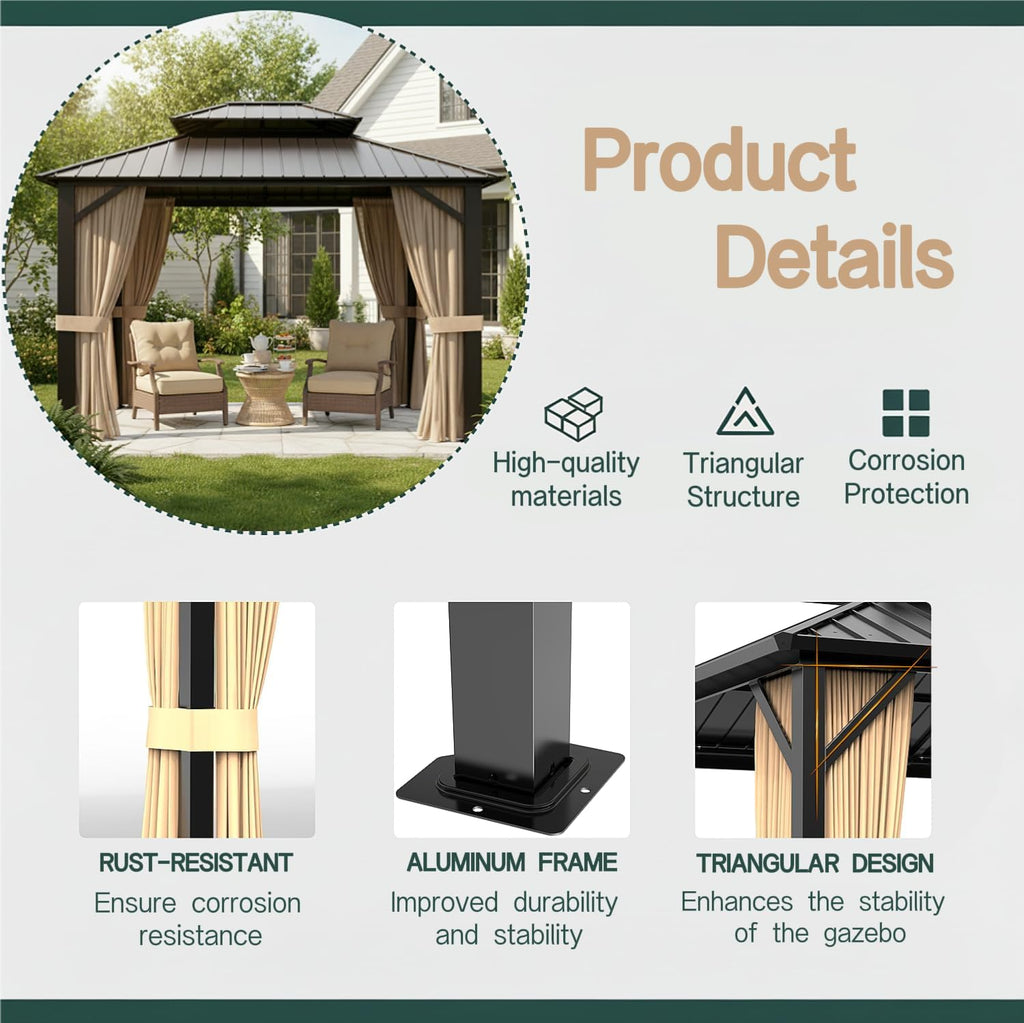10x12ft Hardtop Gazebo, Metal Pavilion with Mesh Mosquito Netting & Curtains, All-Weather Outdoor Pergola for Garden, Patio, and Backyard（A Set of 2 Boxes）