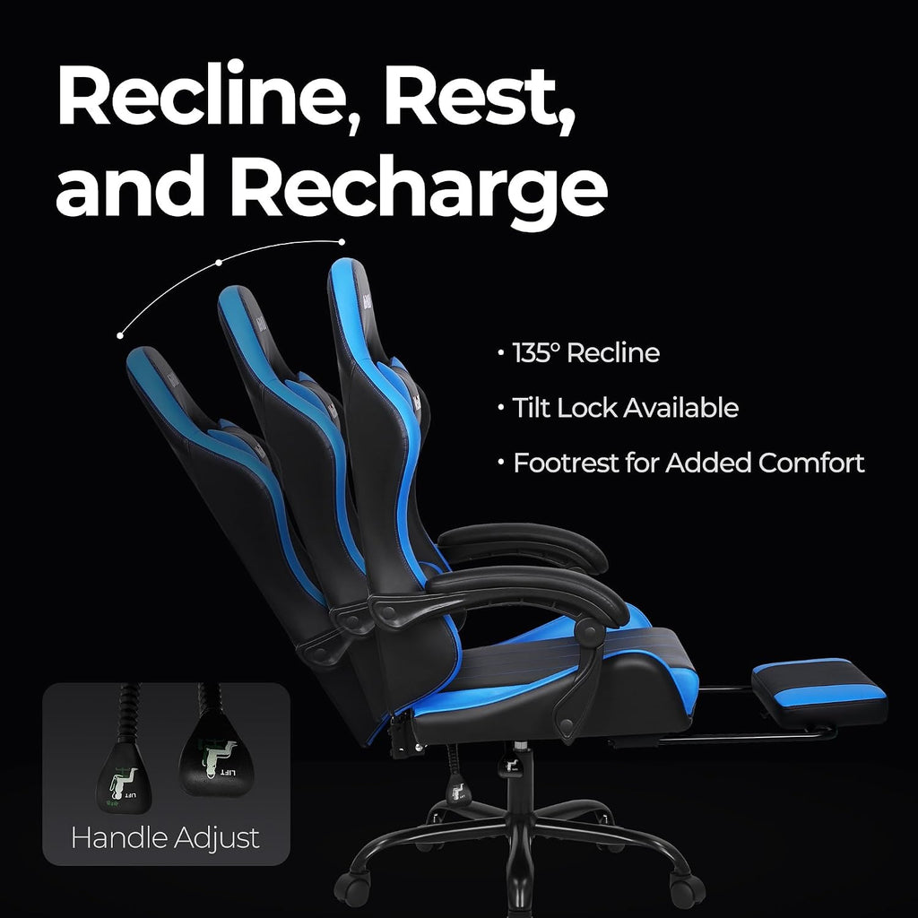 NEO CHAIR Video Gaming Chair with Footrest High Back Ergonomic Comfortable Office Computer Desk with Lumbar Support Height Adjustable with PU Leather Recliner for Adults Women Men (Blue)