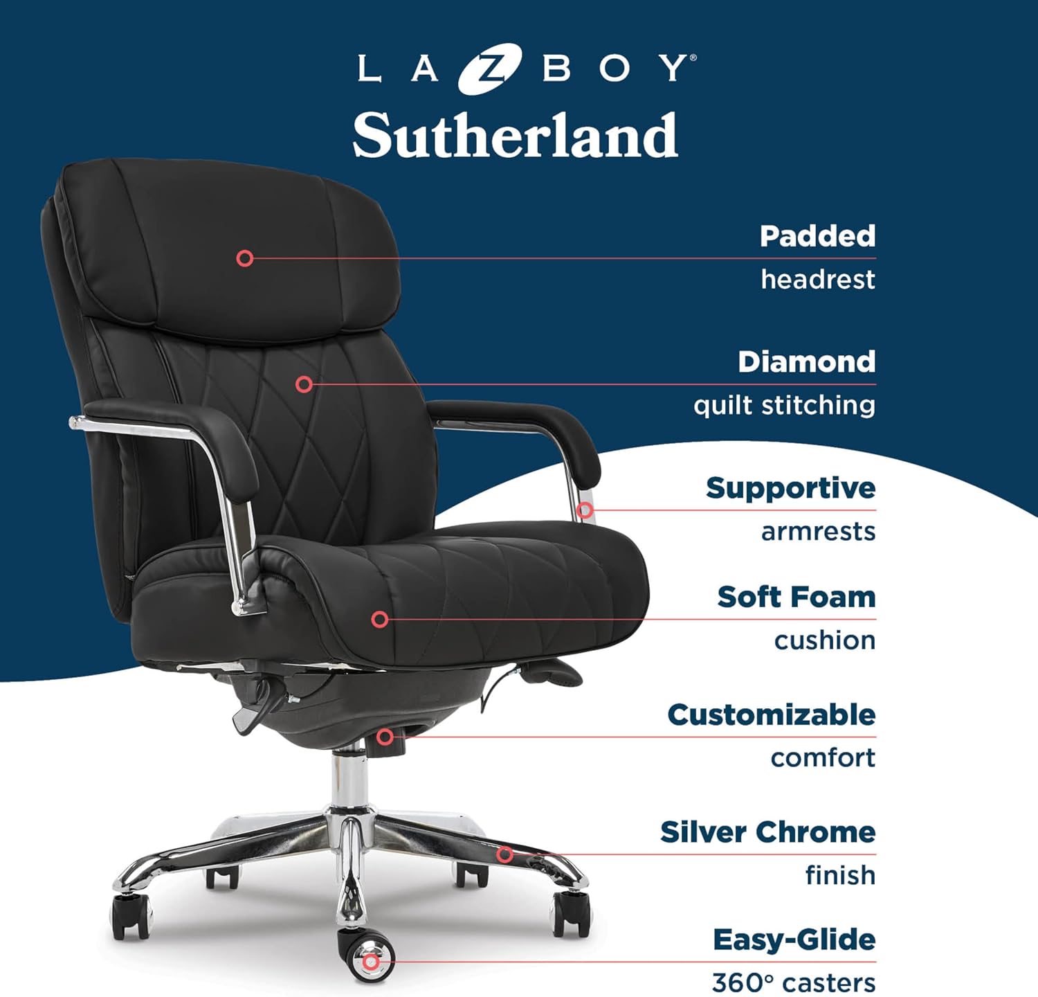 La-Z-Boy Sutherland Ergonomic Faux Leather Swivel Computer and Desk Chair, Black (CHR10048A)