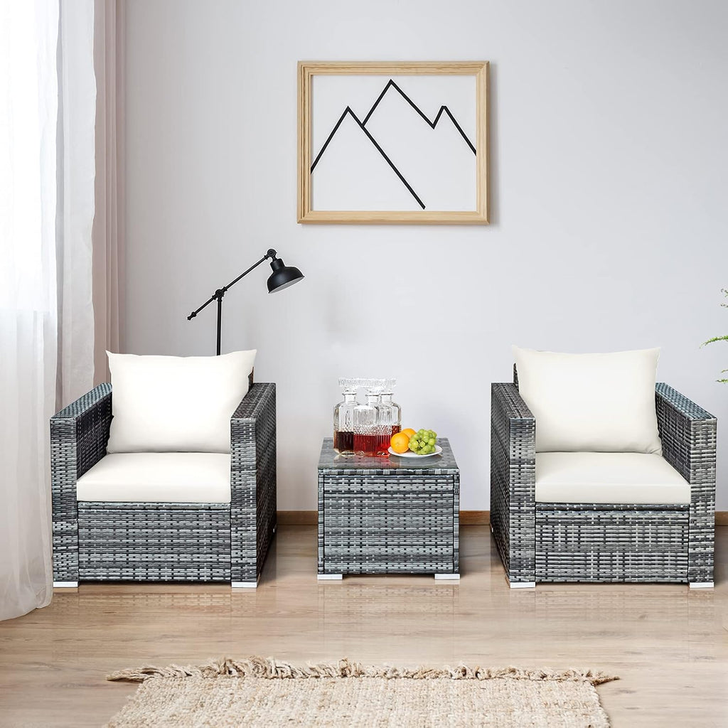 Tangkula 3 Pieces Patio Furniture Set, PE Rattan Wicker Sofa Set w/Washable Cushion and Tempered Glass Tabletop, Outdoor Conversation Furniture for Garden Poolside Balcony