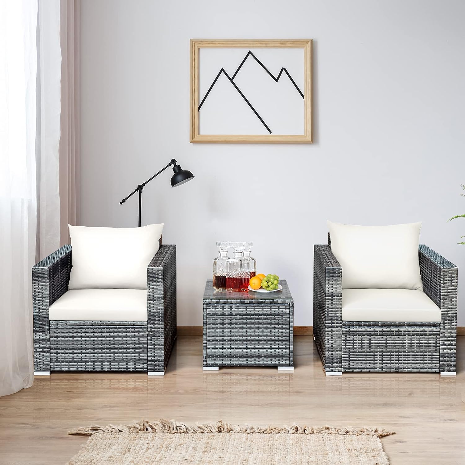 Tangkula 3 Pieces Patio Furniture Set, PE Rattan Wicker Sofa Set w/Washable Cushion and Tempered Glass Tabletop, Outdoor Conversation Furniture for Garden Poolside Balcony