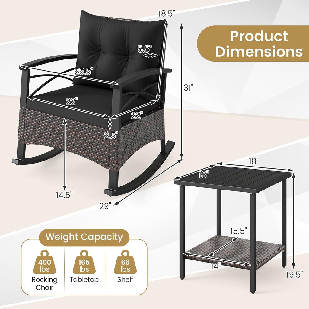 Tangkula 3 Piece Rattan Rocking Chair Set, Patio Rocker Bistro Set with Acacia Wood Tabletop & Armrests, 2 Outdoor Cushioned Armchairs w/Double-Tier Side Table for Porch, Balcony, Backyard