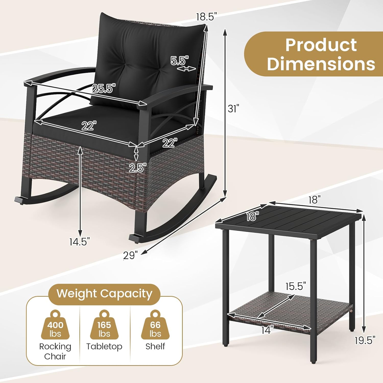 Tangkula 3 Piece Rattan Rocking Chair Set, Patio Rocker Bistro Set with Acacia Wood Tabletop & Armrests, 2 Outdoor Cushioned Armchairs w/Double-Tier Side Table for Porch, Balcony, Backyard