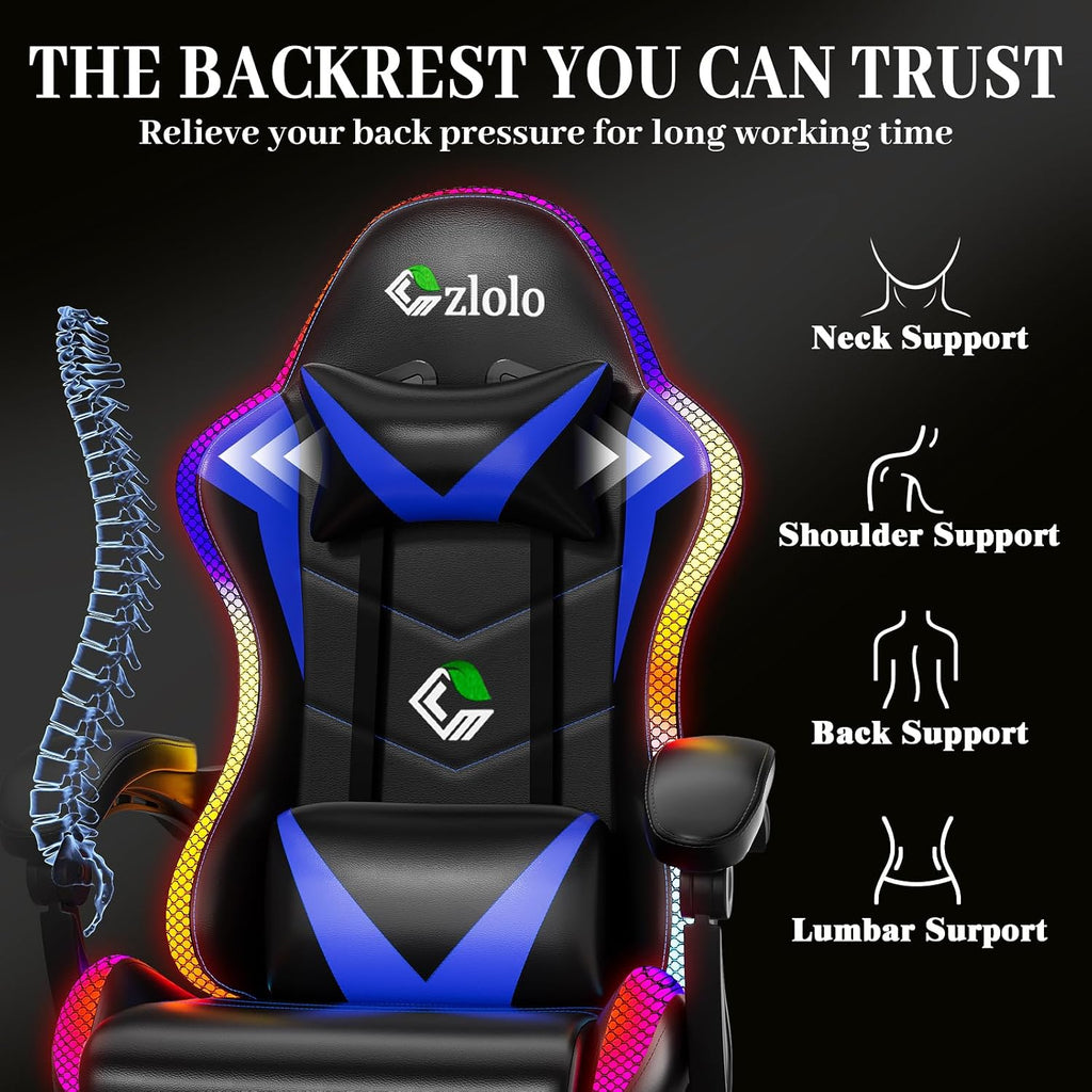 Czlolo Gaming Chair, RGB LED Lights Computer Chair with Footrest, Lumbar Support Massager Gamer Chair, High Back, 90-135° Reclining, Linkage Armrests, Blue