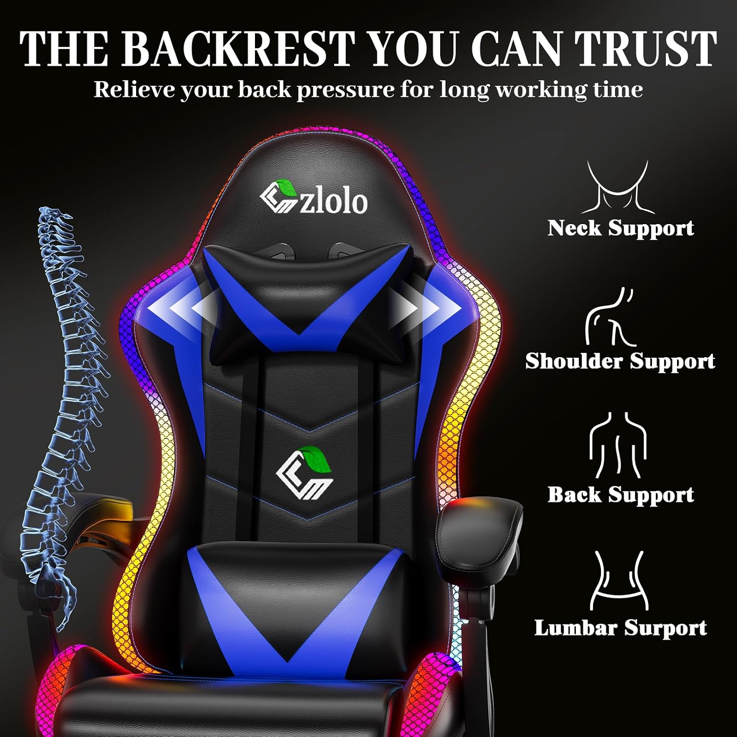 Czlolo Gaming Chair, RGB LED Lights Computer Chair with Footrest, Lumbar Support Massager Gamer Chair, High Back, 90-135° Reclining, Linkage Armrests, Blue