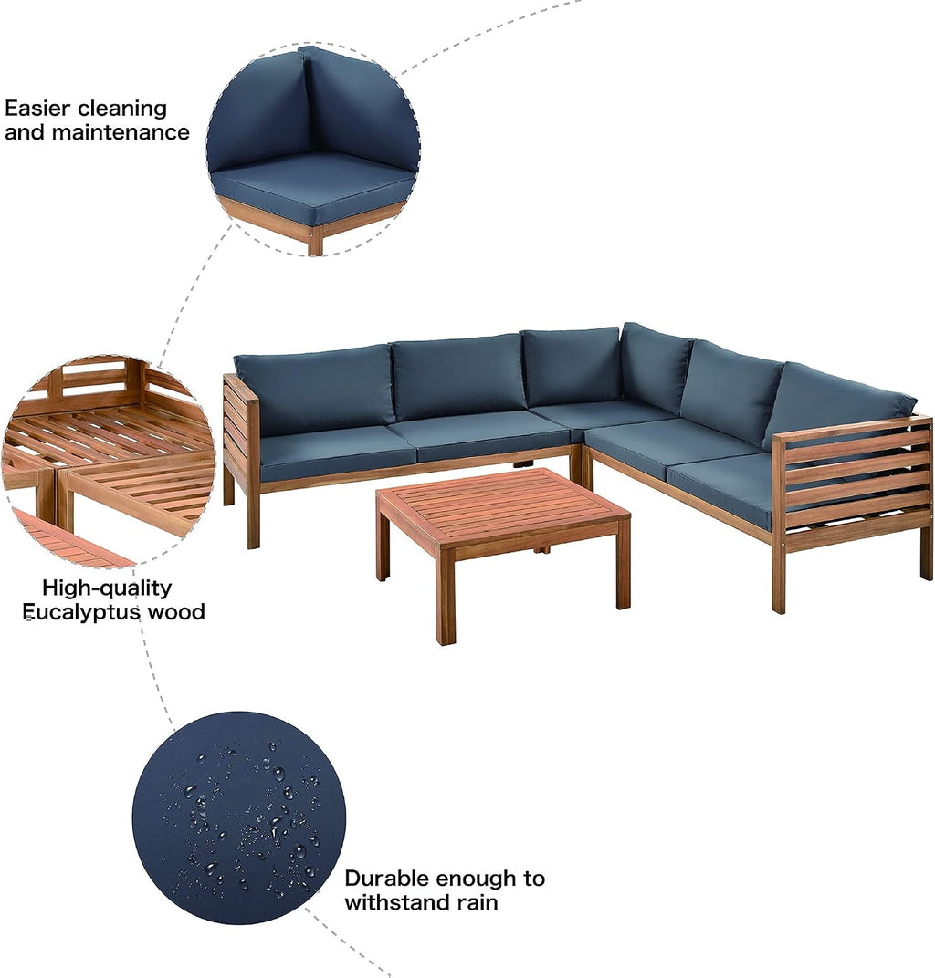 4 Piece Outdoor Patio Furniture Set, Acacia Wood Sectional Sofa wSeat Cushions, Patio Sectional Conversation Seat with Couches and Coffee Table