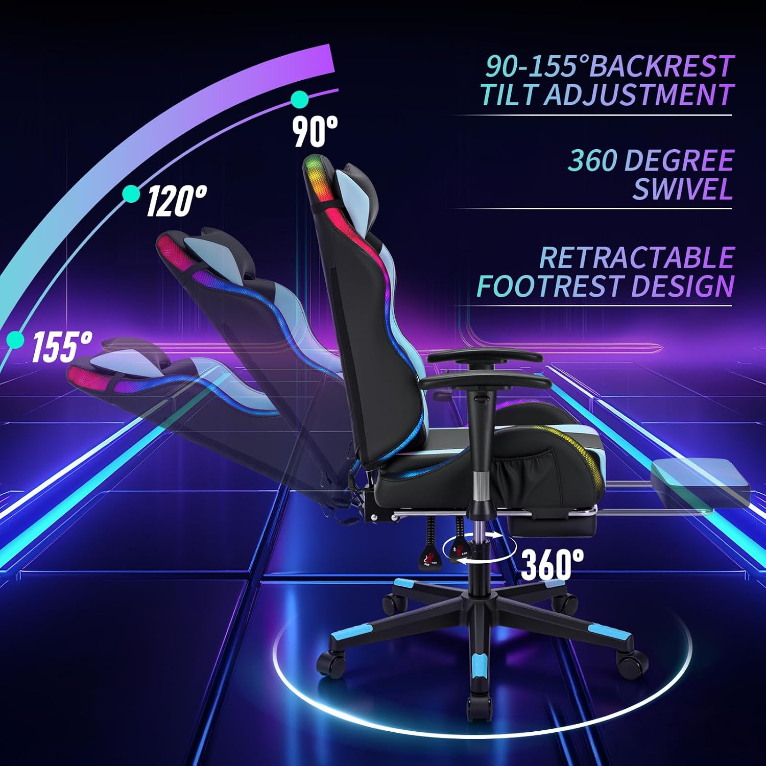 HOFFREE RGB LED Gaming Chair for Kids Reclining Gaming Chairs for Teens 8-15 Computer Chair with RGB Lights Kids PC Game Chair with Footrest and Lumbar Support Video Game Chairs Blue and Black
