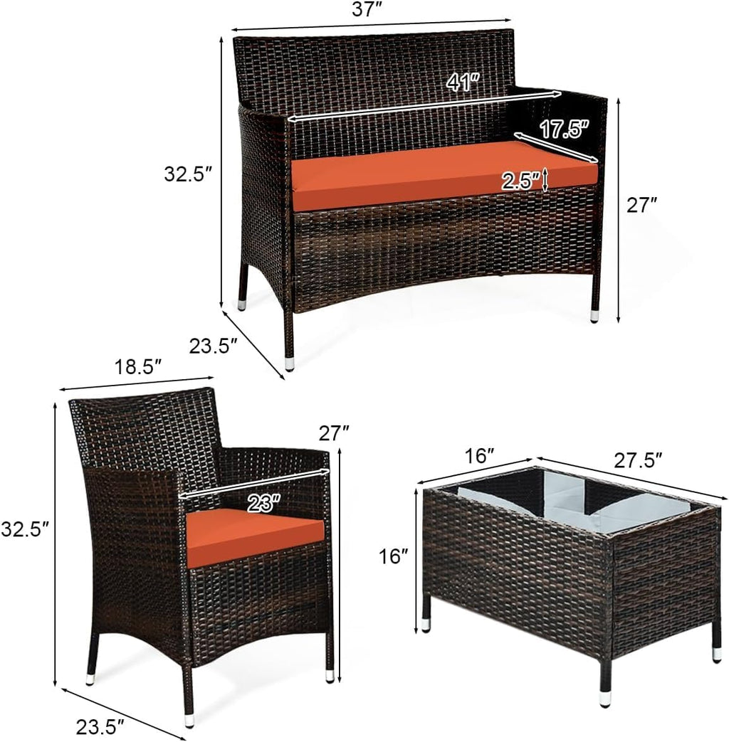 HOMGX 4 Piece Rattan Patio Furniture Set, Sectional Sofa Chair, Wicker Set with Tempered Glass Coffee Table & Thick Cushions, Wicker Patio Set for Garden, Lawn, Poolside, Backyard (Orange)