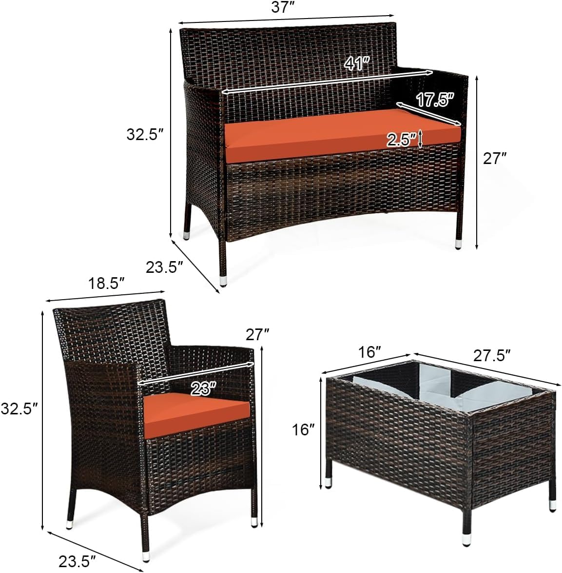 HOMGX 4 Piece Rattan Patio Furniture Set, Sectional Sofa Chair, Wicker Set with Tempered Glass Coffee Table & Thick Cushions, Wicker Patio Set for Garden, Lawn, Poolside, Backyard (Orange)