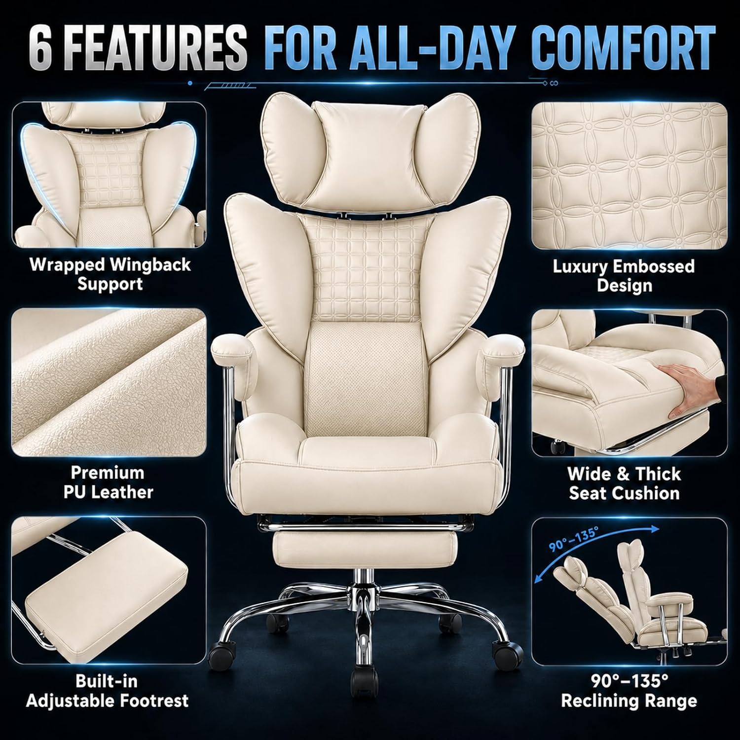 Big and Tall Gaming Computer Chair, Scratch-Resistant PU Leather Executive Office Desk Chair with Footrest, Ergonomic Reclining Computer Chair with Pocket Spring Support for Home Office, Beige