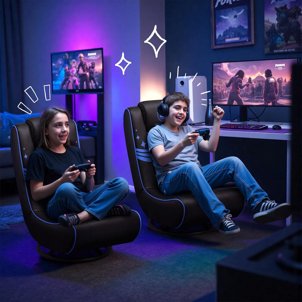 GTPLAYER Floor Gaming Chair Foldable Swivel Floor Chairs for Kids Boys Comfy Video Game Seat with 360° Multipurpose for Gamers, Bedroom or Game Room(Black-Blue)