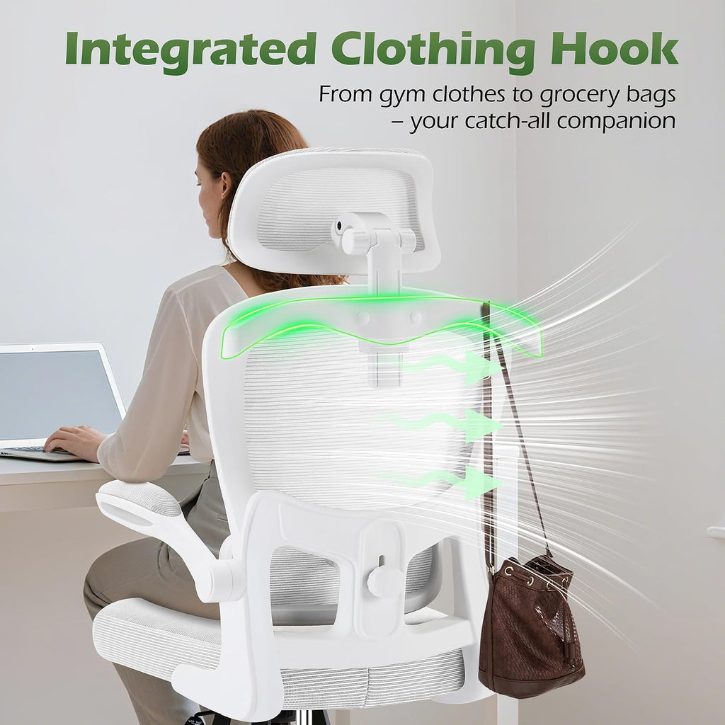 AreShark Office Chair Ergonomic Desk Chairs with Adjustable Lumbar Support& Headrest Hanger, High Back Breathable Mesh Chair with Wheels, Rolling Swivel Comfy Task Computer Chair for Home Work Gaming