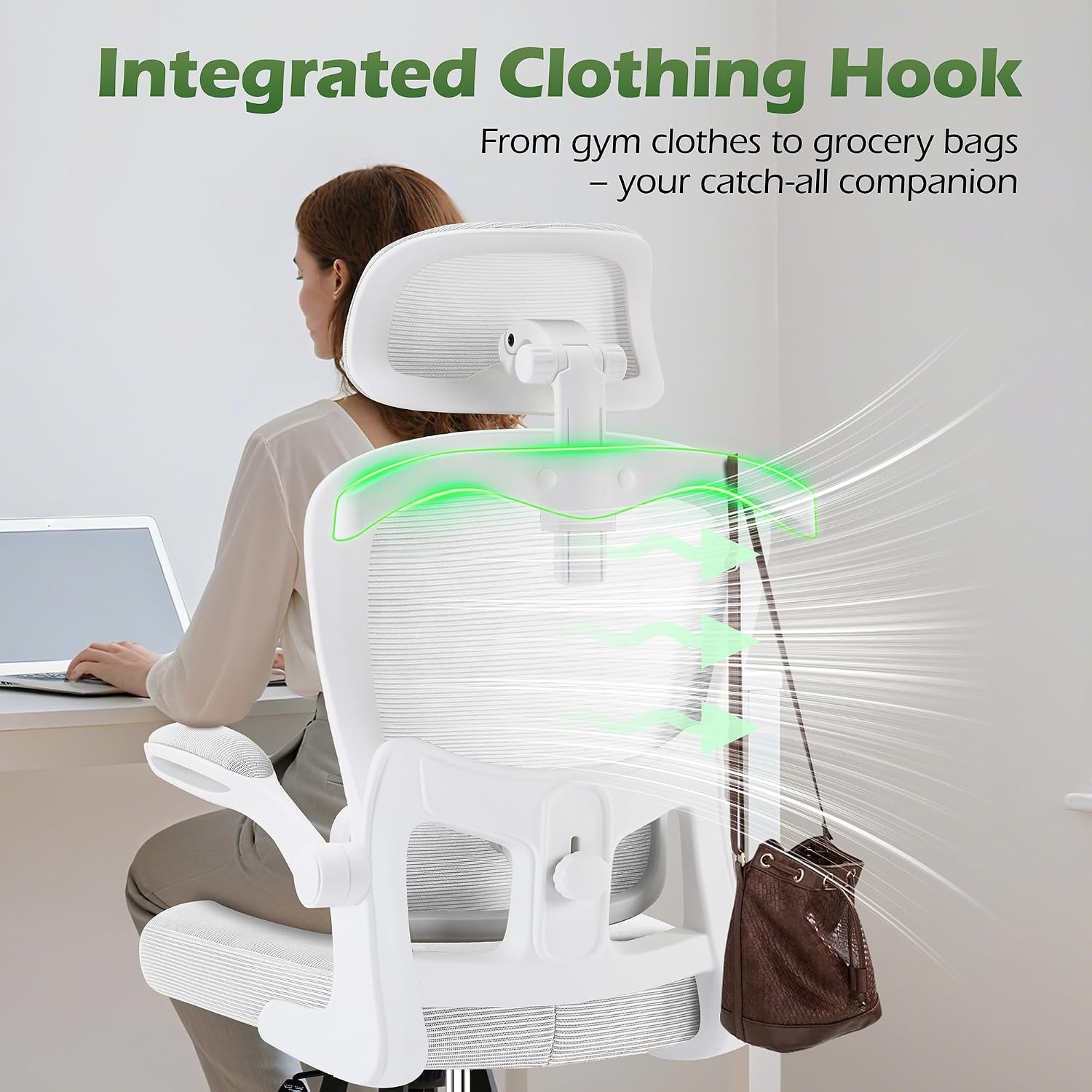 AreShark Office Chair Ergonomic Desk Chairs with Adjustable Lumbar Support& Headrest Hanger, High Back Breathable Mesh Chair with Wheels, Rolling Swivel Comfy Task Computer Chair for Home Work Gaming