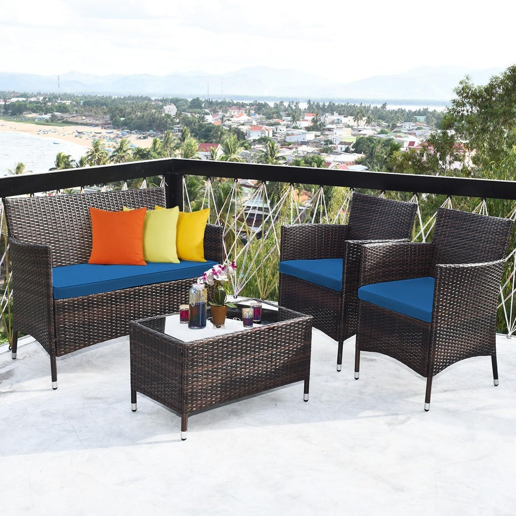 HOMGX 4-Piece Rattan Patio Furniture Set, Sectional Sofa Chair, Wicker Set with Tempered Glass Coffee Table & Thick Cushions, Perfect for Garden, Lawn, Poolside, Backyard (Peacock Blue)