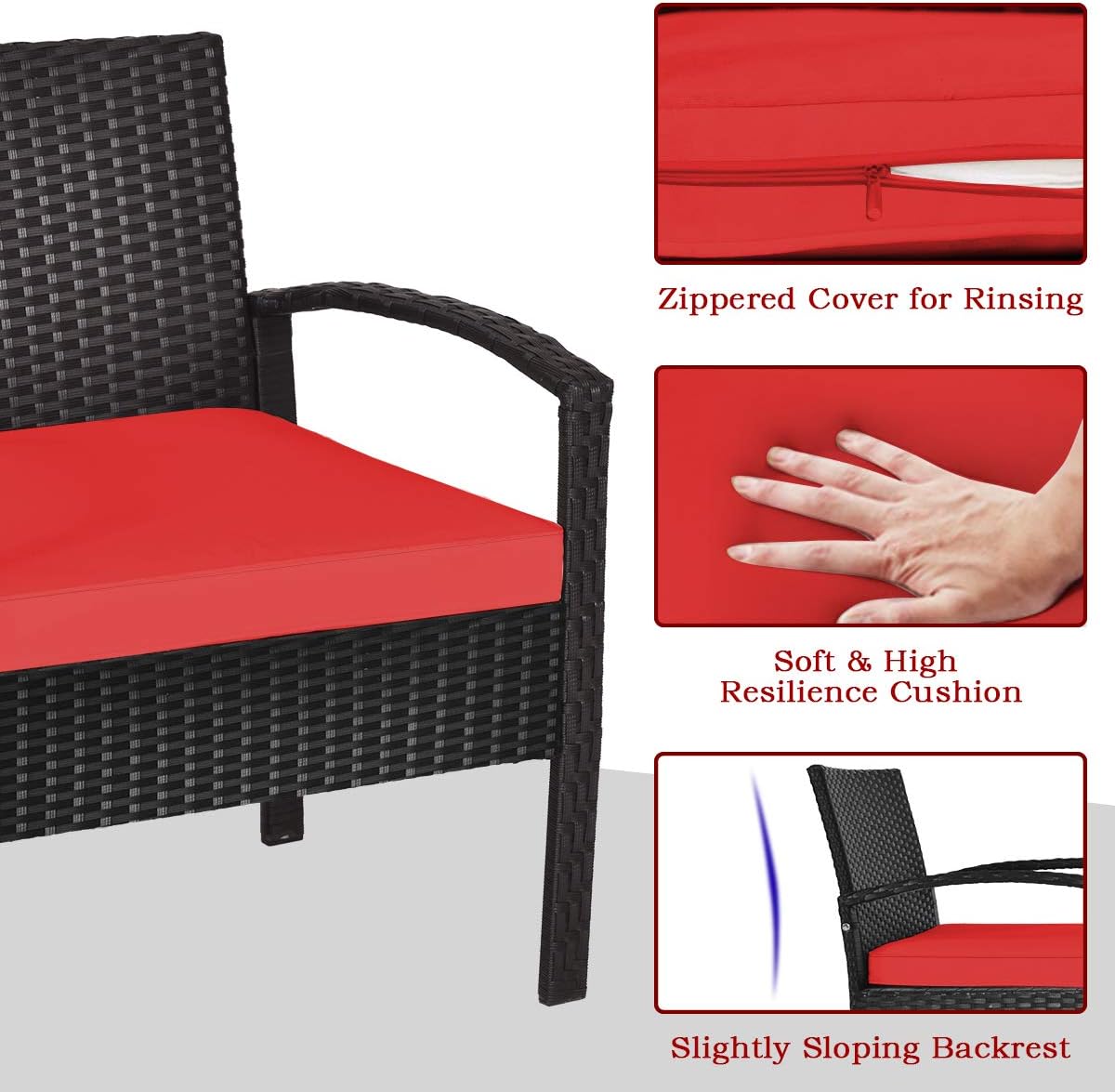 Tangkula 3 Pieces Patio Wicker Conversation Set, Outdoor Rattan Furniture with Washable Thick Cushion & Coffee Table w/Storage Space, Patio Furniture Set for Backyard Porch Garden Poolside (Red)