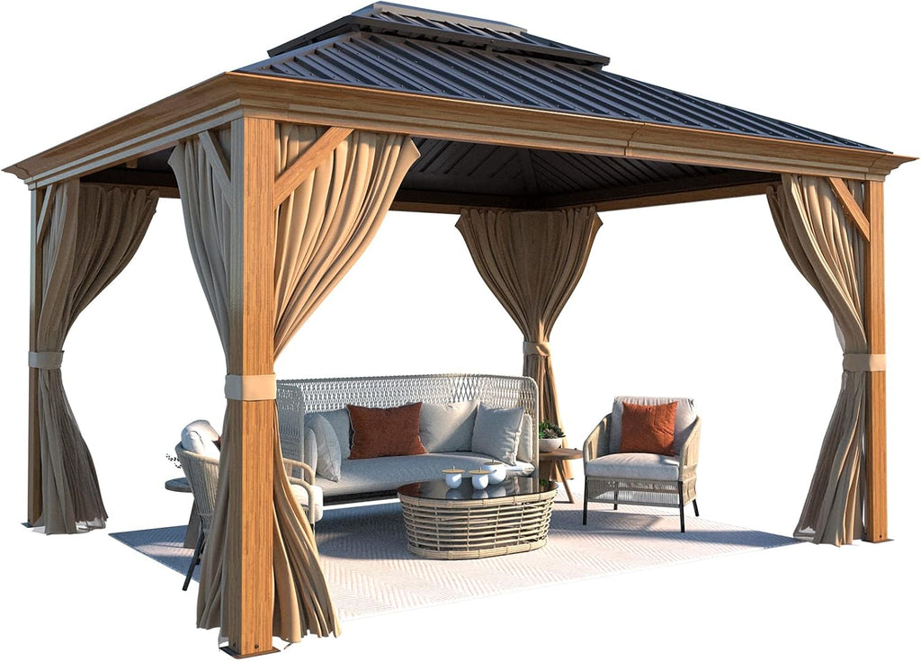 YOLENY 10' x 12' Hardtop Gazebo, Wood-Looking Gazebo with Galvanized Steel Double Roof, Aluminum Frame, Permanent Metal Pavilion with Netting and Curtains for Deck, Backyard, Patio and Lawns