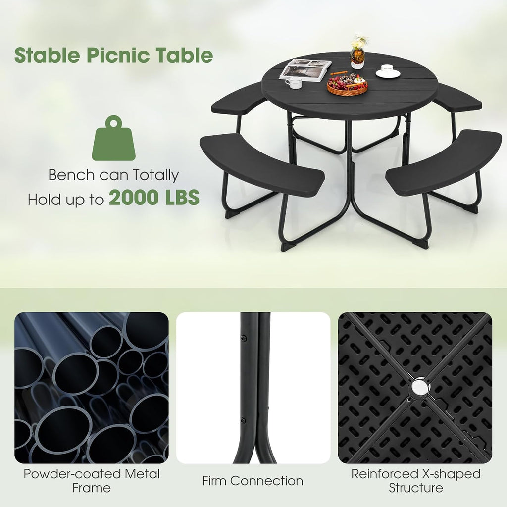 Giantex Picnic Table Set for Up to 8 Persons, Round Outdoor Table and Bench Set with Umbrella Hole, HDPE Top & Metal Frame, 2000LBS Capacity, Patio Table Bench for Deck Backyard Garden (Black)