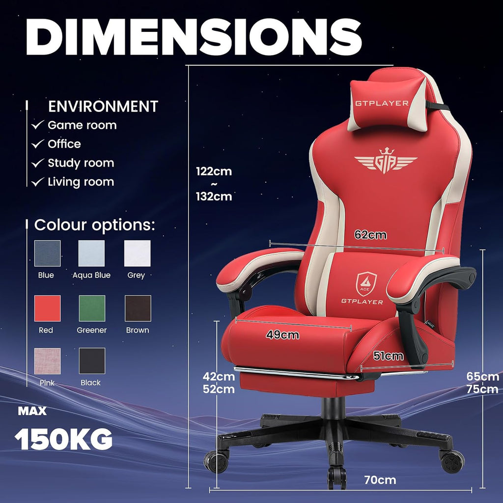 GTPLAYER Gaming Chair, Computer Office Chair Lumbar Support, Linkage Armrests and Footrest, Ergonomic Game Chair for Adults with Extended Backrest, Faux Leather, Red