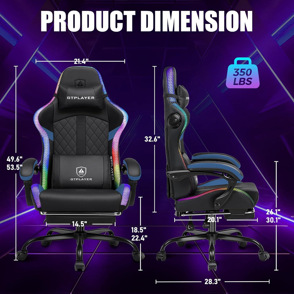 GTPLAYER RGB Gaming Chair with Speakers - LED Computer Game Chair for Adults, PC Home Office Chairs with Footrest & Lights, Reclining Desk Chairs, Blue