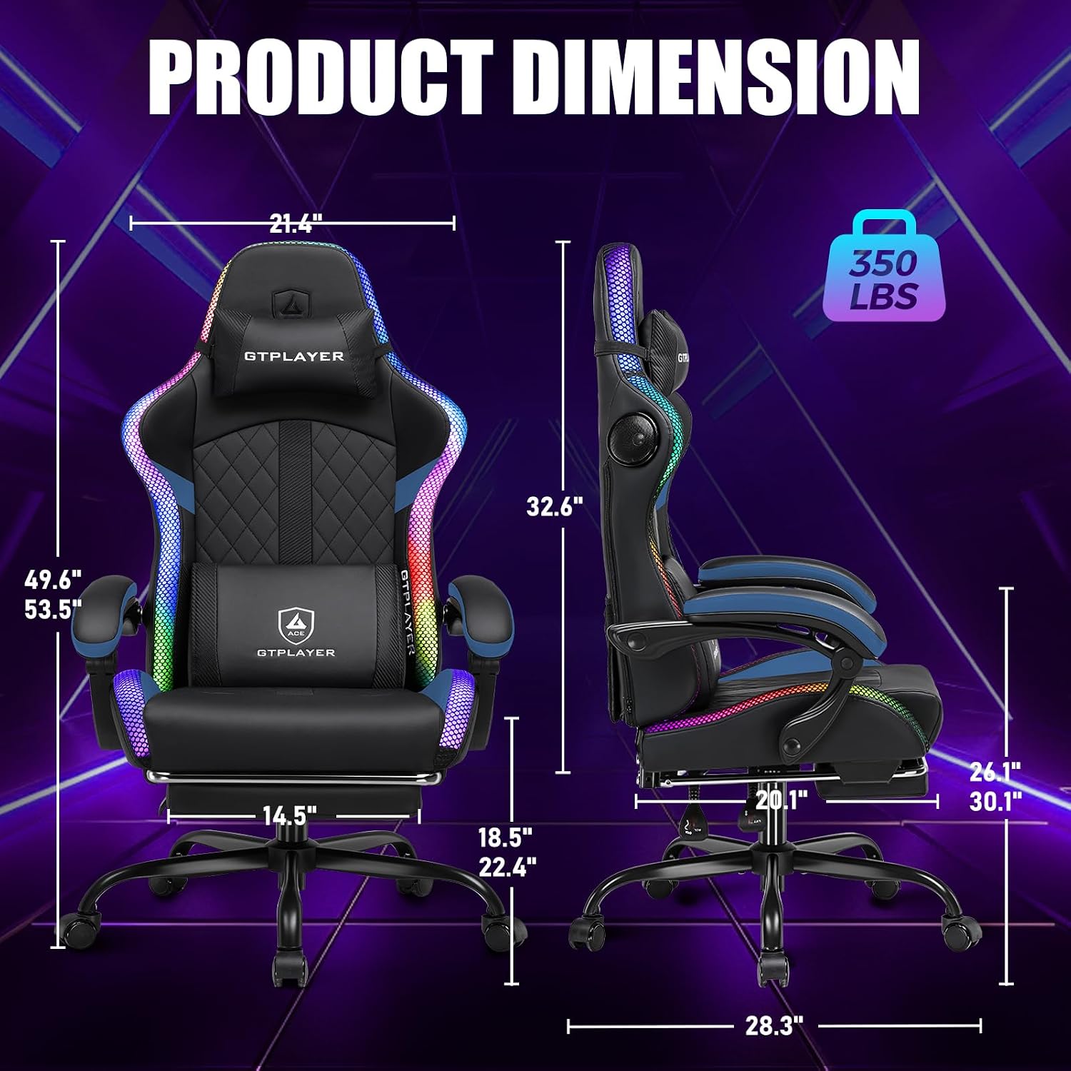 GTPLAYER RGB Gaming Chair with Speakers - LED Computer Game Chair for Adults, PC Home Office Chairs with Footrest & Lights, Reclining Desk Chairs, Blue