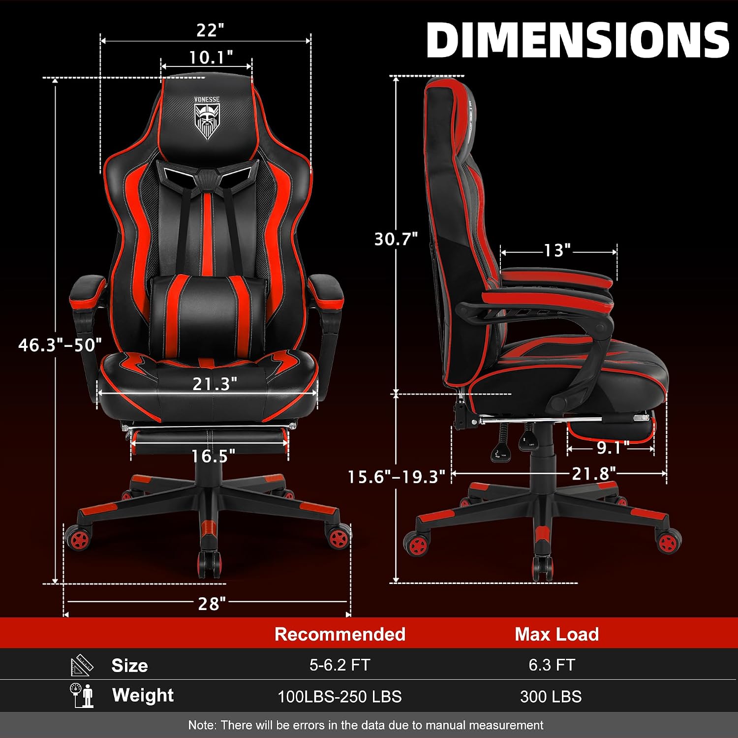 Vonesse Gaming Chair for Adults, Reclining Gaming Chairs with Footrest and Massage, Computer Gaming Chair for Heavy People,Ergonomic Gamer Chair Big and Tall (Red/Black)