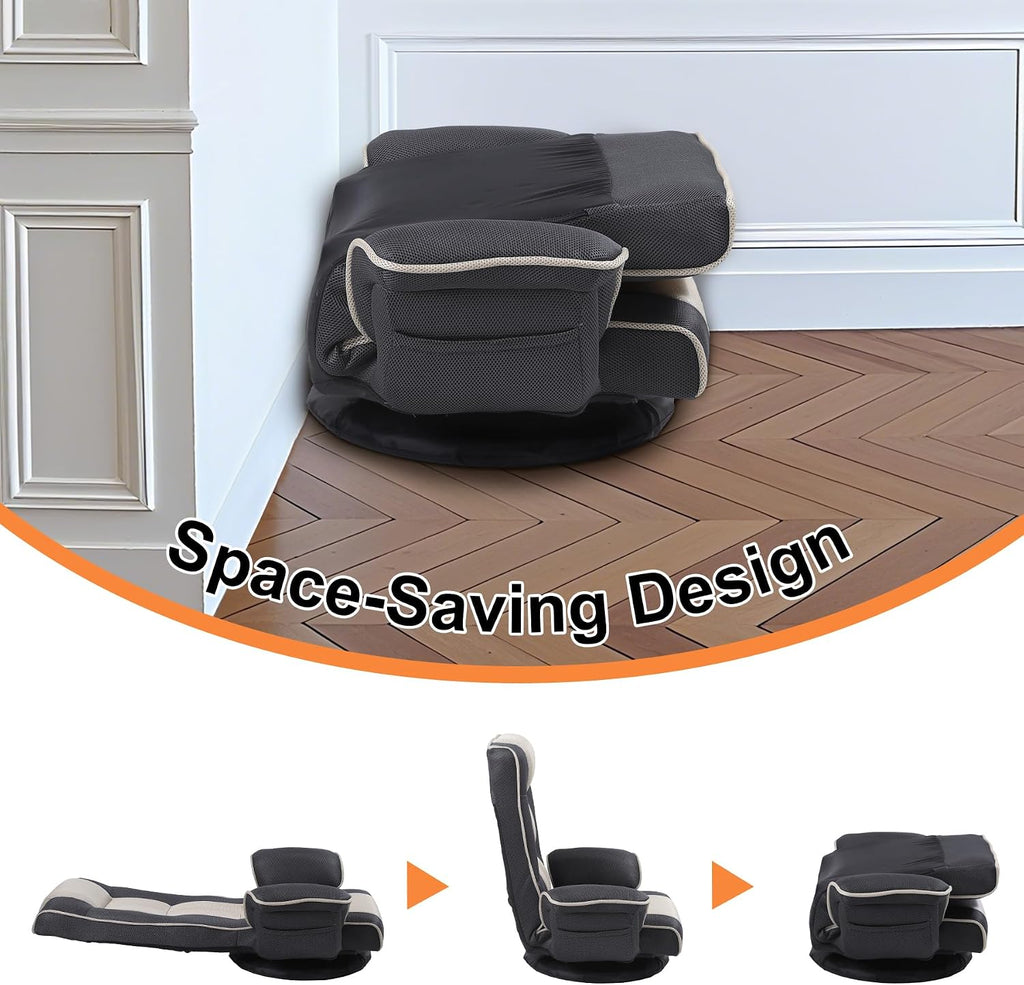Swivel Floor Chairs for Adults, Floor Gaming Chair with Extra Wide Arms, Back Support 14 Angles Adjustable Comfortable Double Mesh Fabric Lazy Sofa for Video Game Chairs 201 (Grey + Beige)