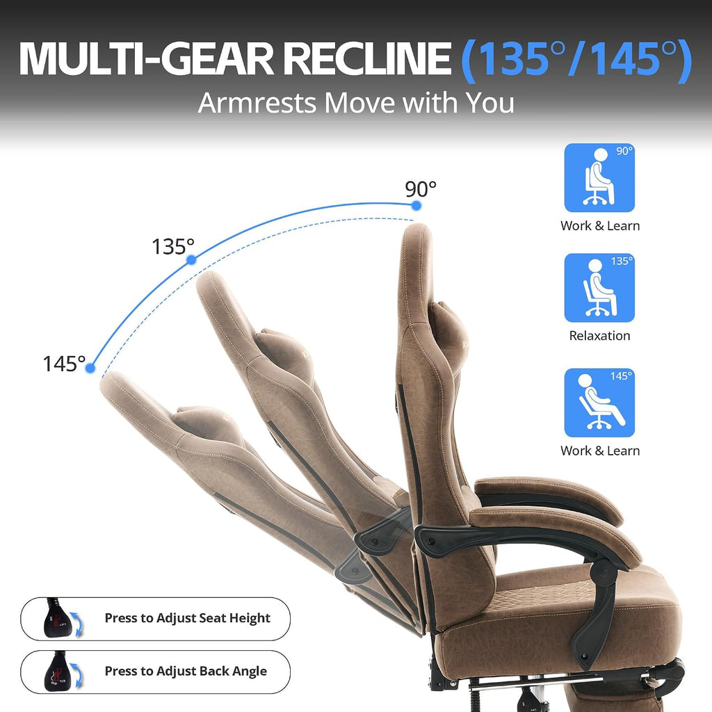 Gaming Chair Breathable Leather with Pocket Spring Cushion, Wide and High Ergonomic Office Chair with Headrest, Computer Gaming Chair with Footrest for Adult and Teen (Brown Leather)
