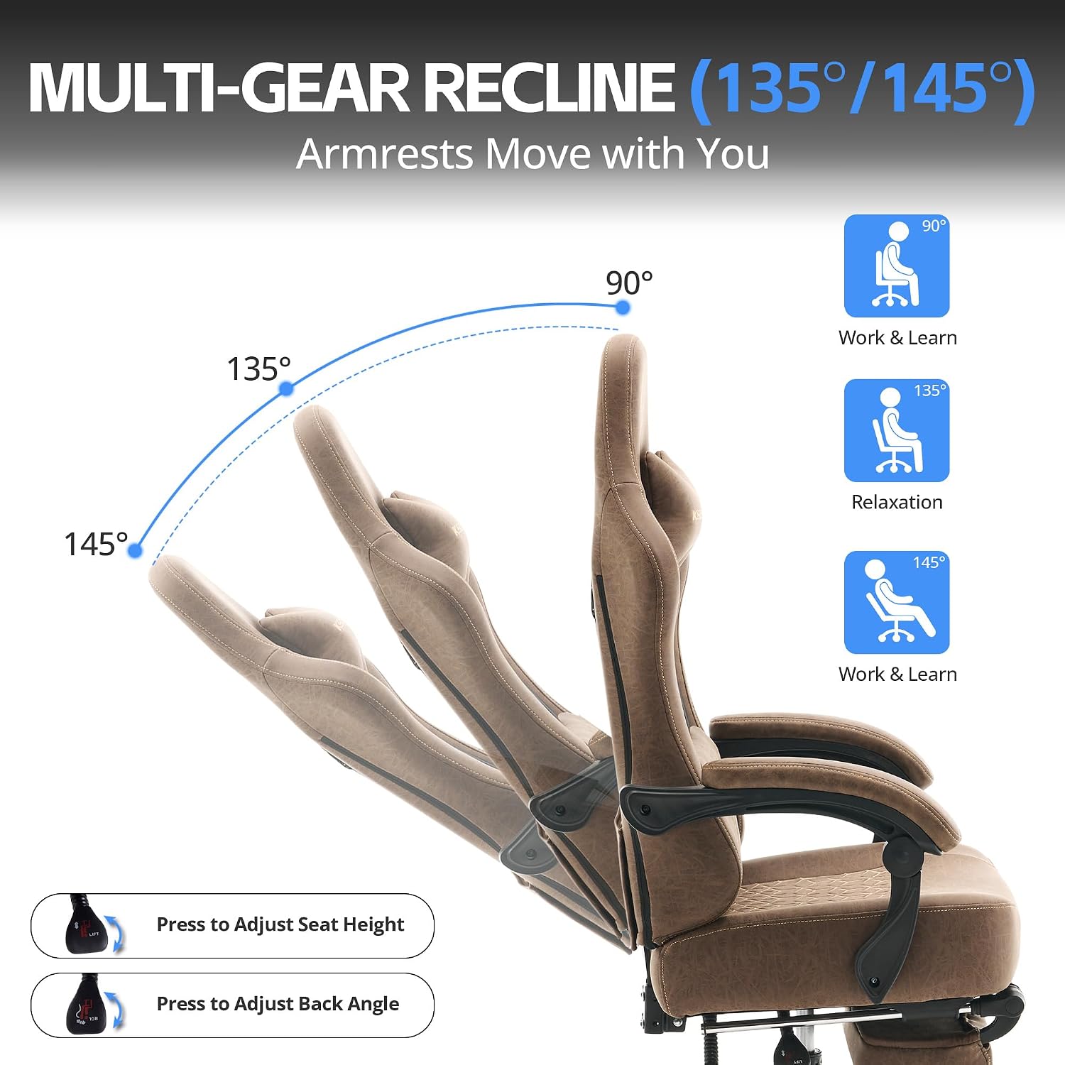Gaming Chair Breathable Leather with Pocket Spring Cushion, Wide and High Ergonomic Office Chair with Headrest, Computer Gaming Chair with Footrest for Adult and Teen (Brown Leather)