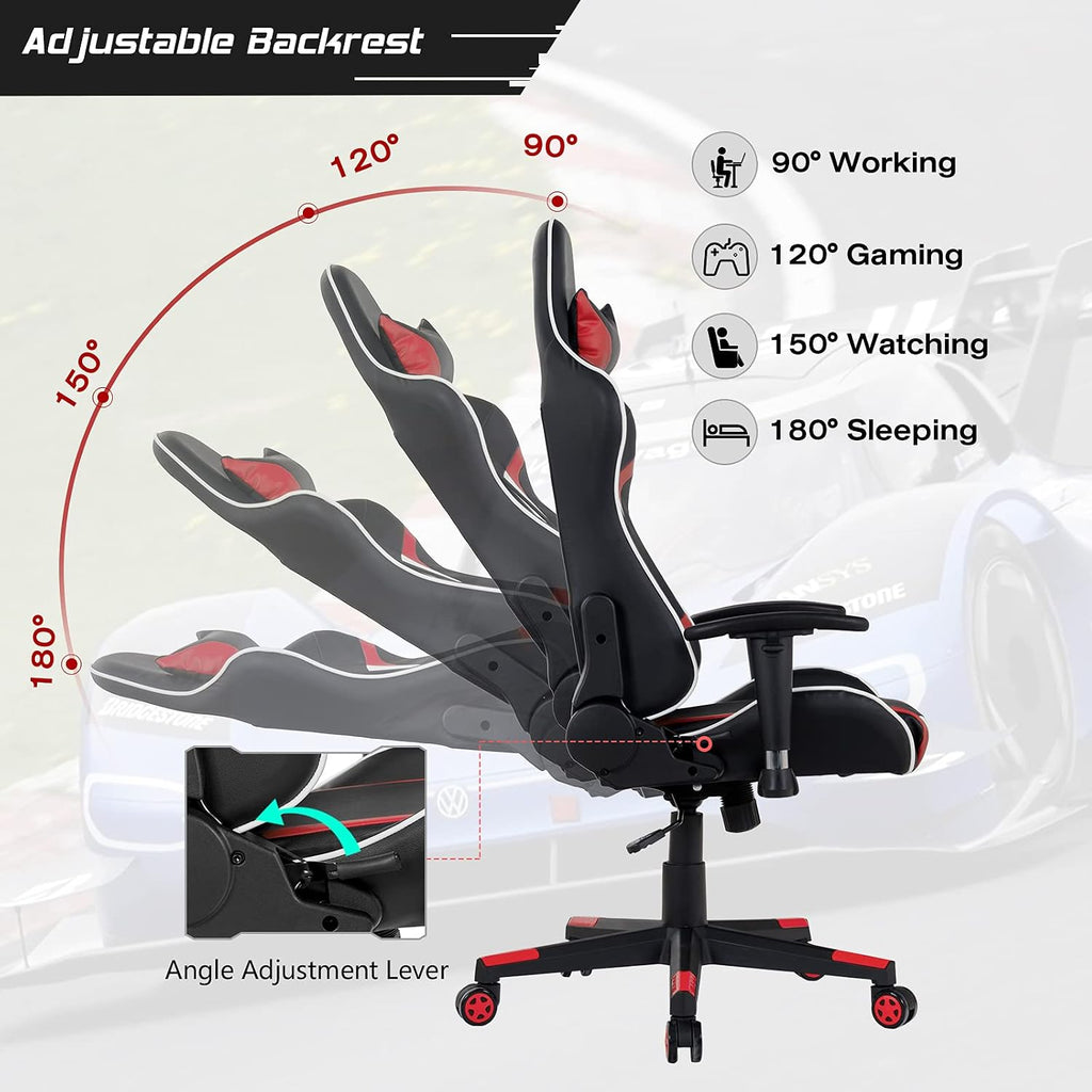 GYMAX Gaming Chair, Massage Gaming Chairs for Adults with Headrest, Lumbar Support & Armrest, Video Computer Reclining Gaming Chair, Office Desk Gamer Task Chair (Red Chair with Black Z-Shape Desk)