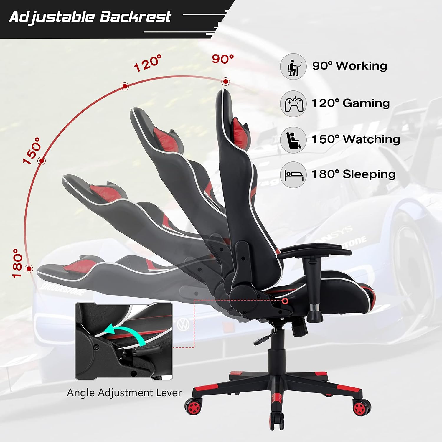 GYMAX Gaming Chair, Massage Gaming Chairs for Adults with Headrest, Lumbar Support & Armrest, Video Computer Reclining Gaming Chair, Office Desk Gamer Task Chair (Red with Black X-Shape Desk)