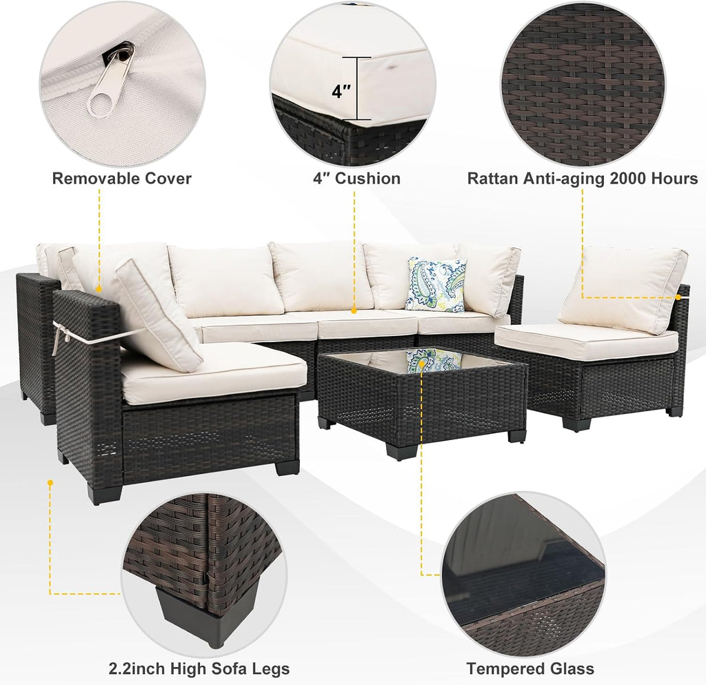 7 Pieces Patio Furniture Set (Brown/Beige), All-Weather Rattan Outdoor Sectional Sofa Set with Anti-Slip Cushions and 2 Pillows, Perfect for Deck, Garden, Lawn