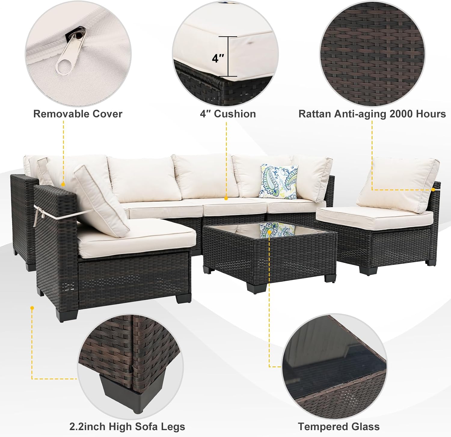 7 Pieces Patio Furniture Set (Brown/Beige), All-Weather Rattan Outdoor Sectional Sofa Set with Anti-Slip Cushions and 2 Pillows, Perfect for Deck, Garden, Lawn
