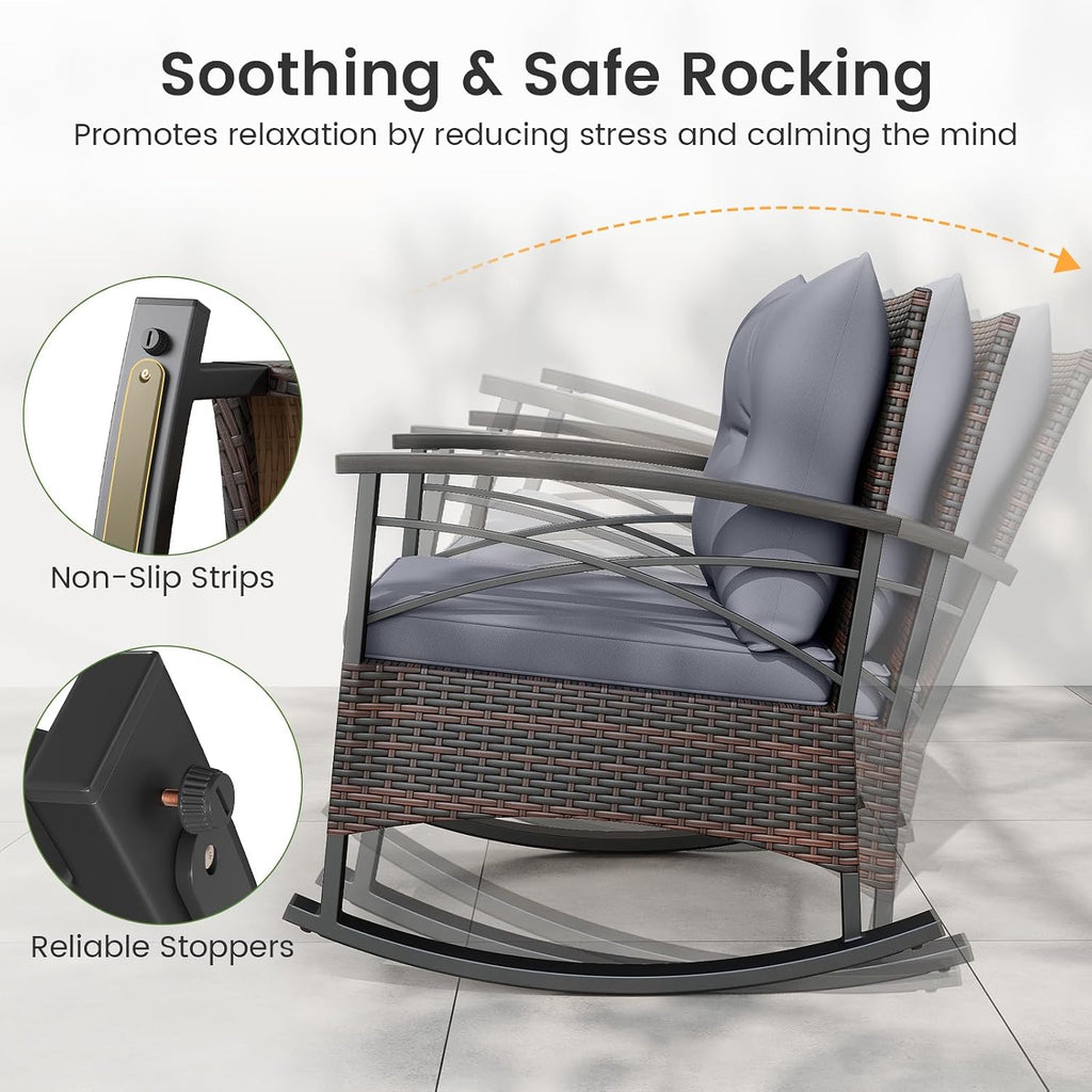 Tangkula 3 Pieces Outdoor Rocking Chairs Set, Rattan Heavy Duty Cushioned Rocker Chairs with 2-Tier Tempered Glass Coffee Table, for Garden, Balcony, Backyard (Gray)