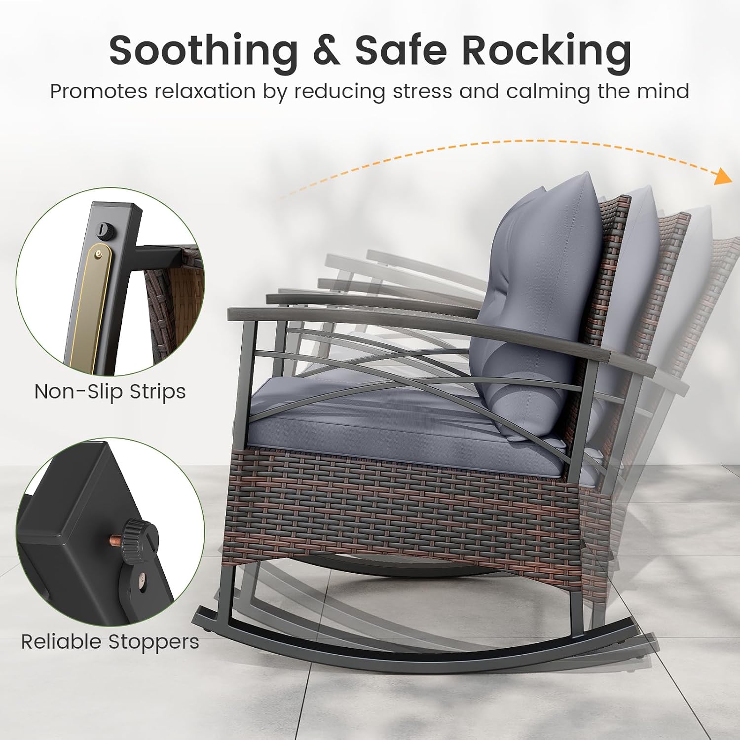 Tangkula 3 Pieces Outdoor Rocking Chairs Set, Rattan Heavy Duty Cushioned Rocker Chairs with 2-Tier Tempered Glass Coffee Table, for Garden, Balcony, Backyard (Gray)