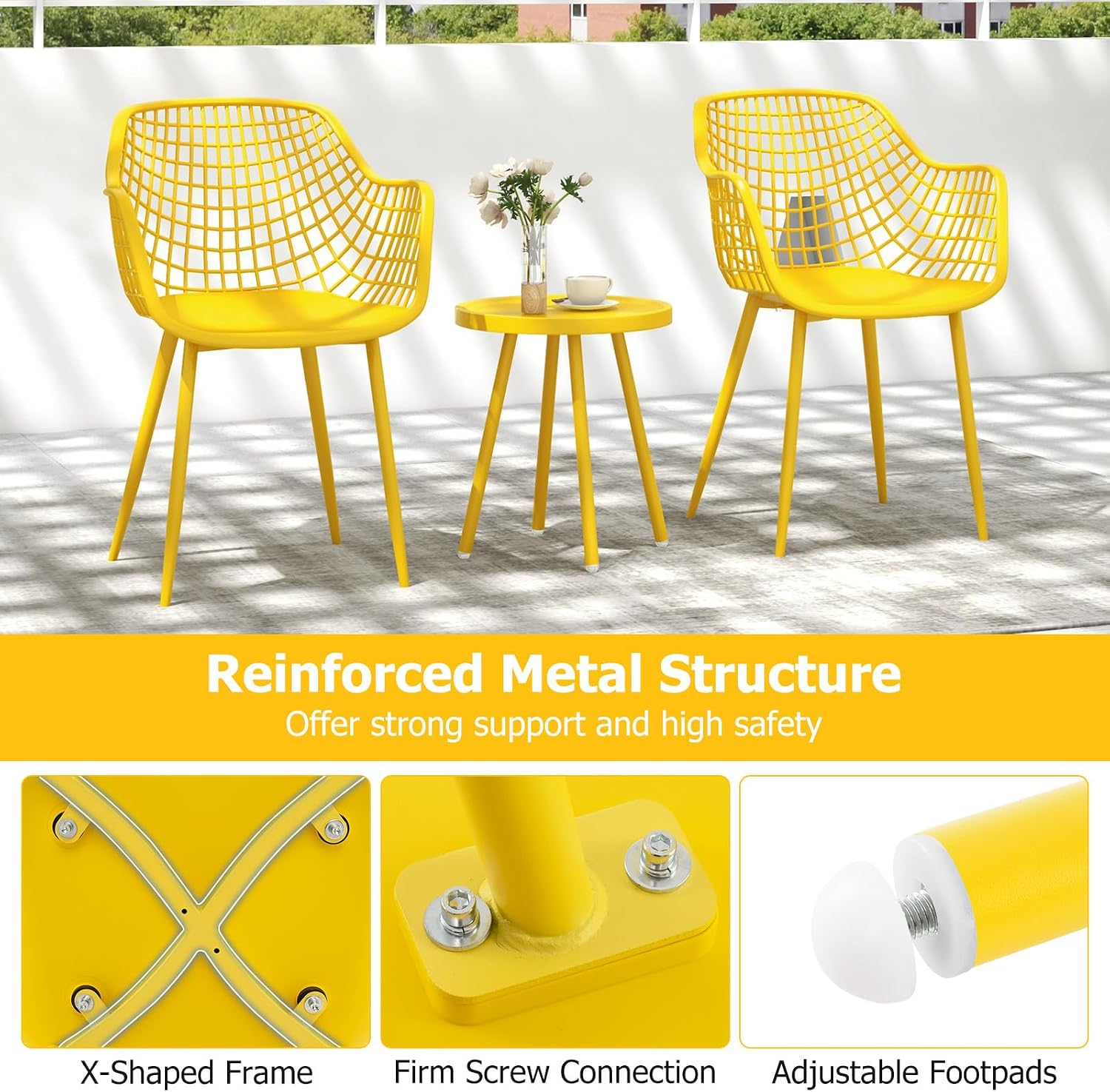 Giantex 3 Piece Patio Furniture Set, Outdoor Bistro Table and Chairs Set of 2, PP Seat & Metal Legs, Small Conversation Set for Balcony Front Porch Deck Backyard Lawn (Lemon Yellow)