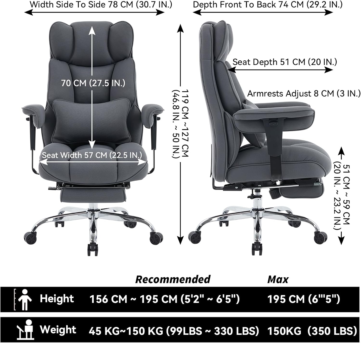 Efomao Big and Tall Office Chair with Footrest, 350lbs Heavy Duty Desk Chair, Extra Wide High Back Executive Office Chair for Long Hours, Reclining Home Office Chair with Breathable Fabric, Blue Grey
