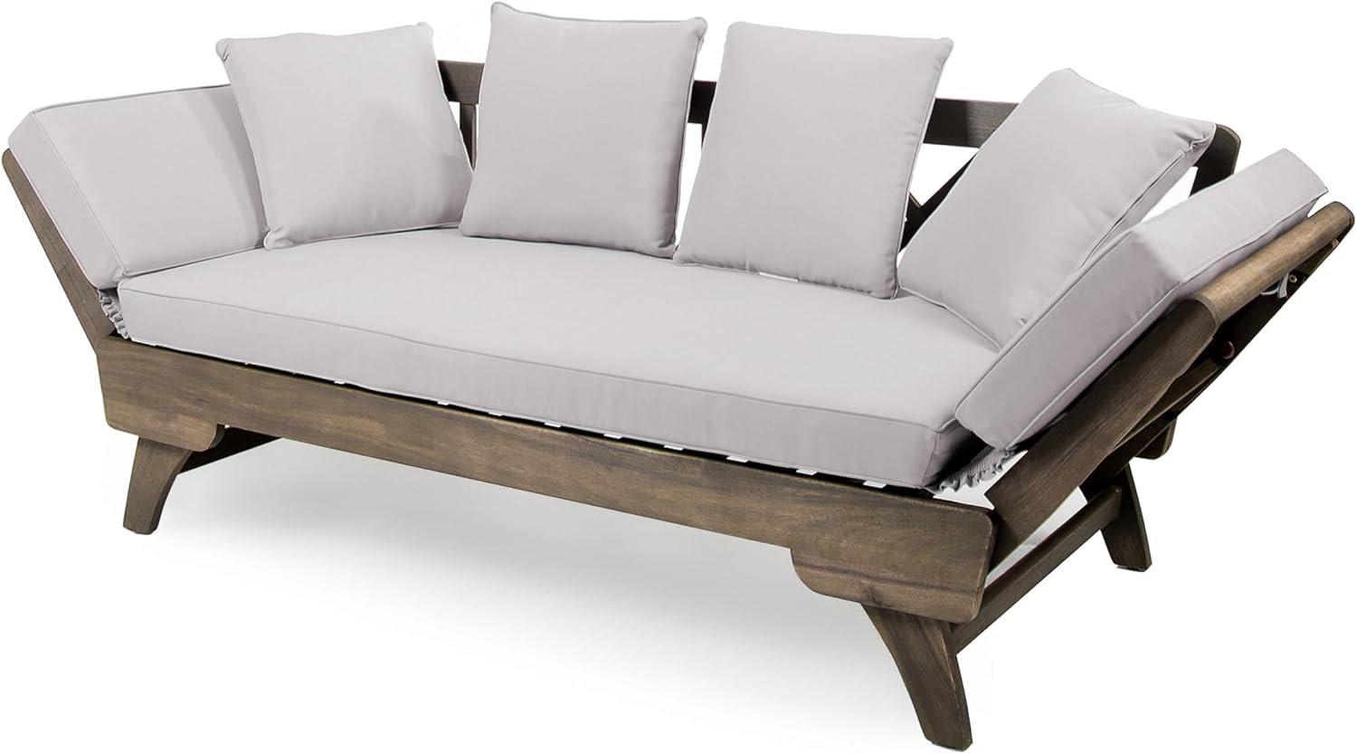 Merax Outdoor Patio Daybed Sofa,3-Seat Sofa with Foldable Arm 4 Back Pillows,Teak Acacia Wood Frame Beige Removable Cushion,Grey