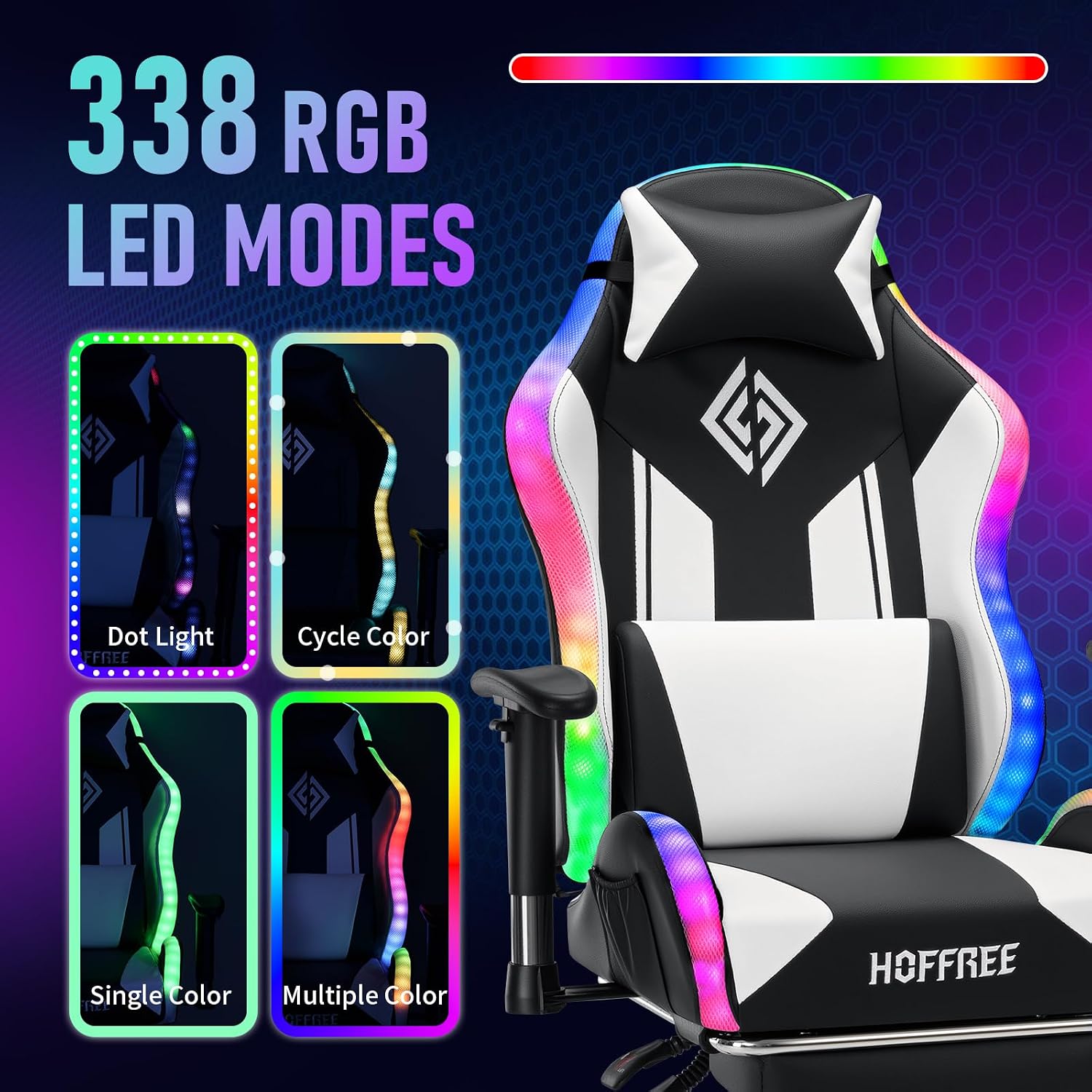 HOFFREE RGB LED Gaming Chair for Kids Reclining Gaming Chairs for Teens 8-15 Computer Chair with RGB Lights Kids PC Game Chair with Footrest and Lumbar Support Video Game Chairs White and Black