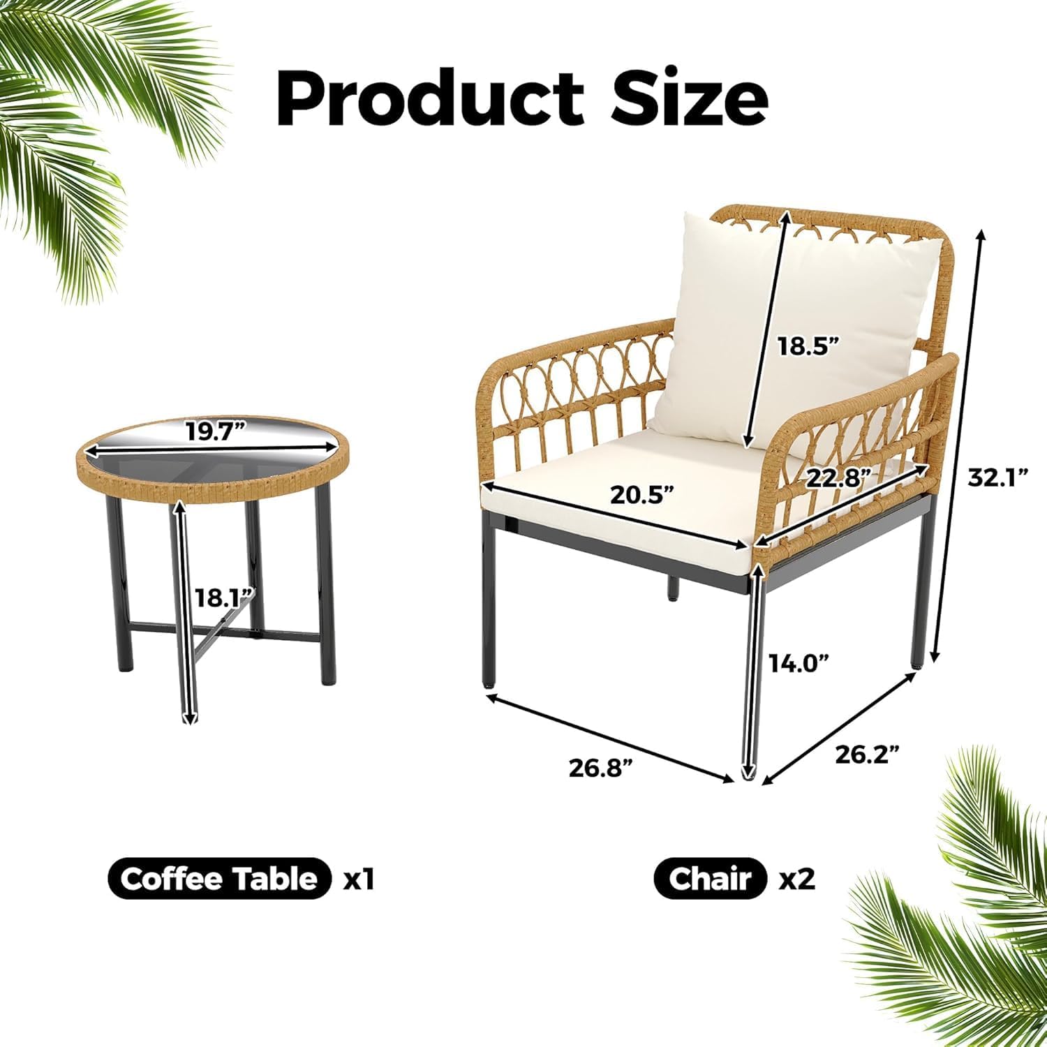 3-Piece All-Weather Wicker Rattan Bistro Patio Furniture Set with Glass Table and Thick Cushions, Beige - Ideal for Balcony, Garden, Backyard, and Poolside Conversation