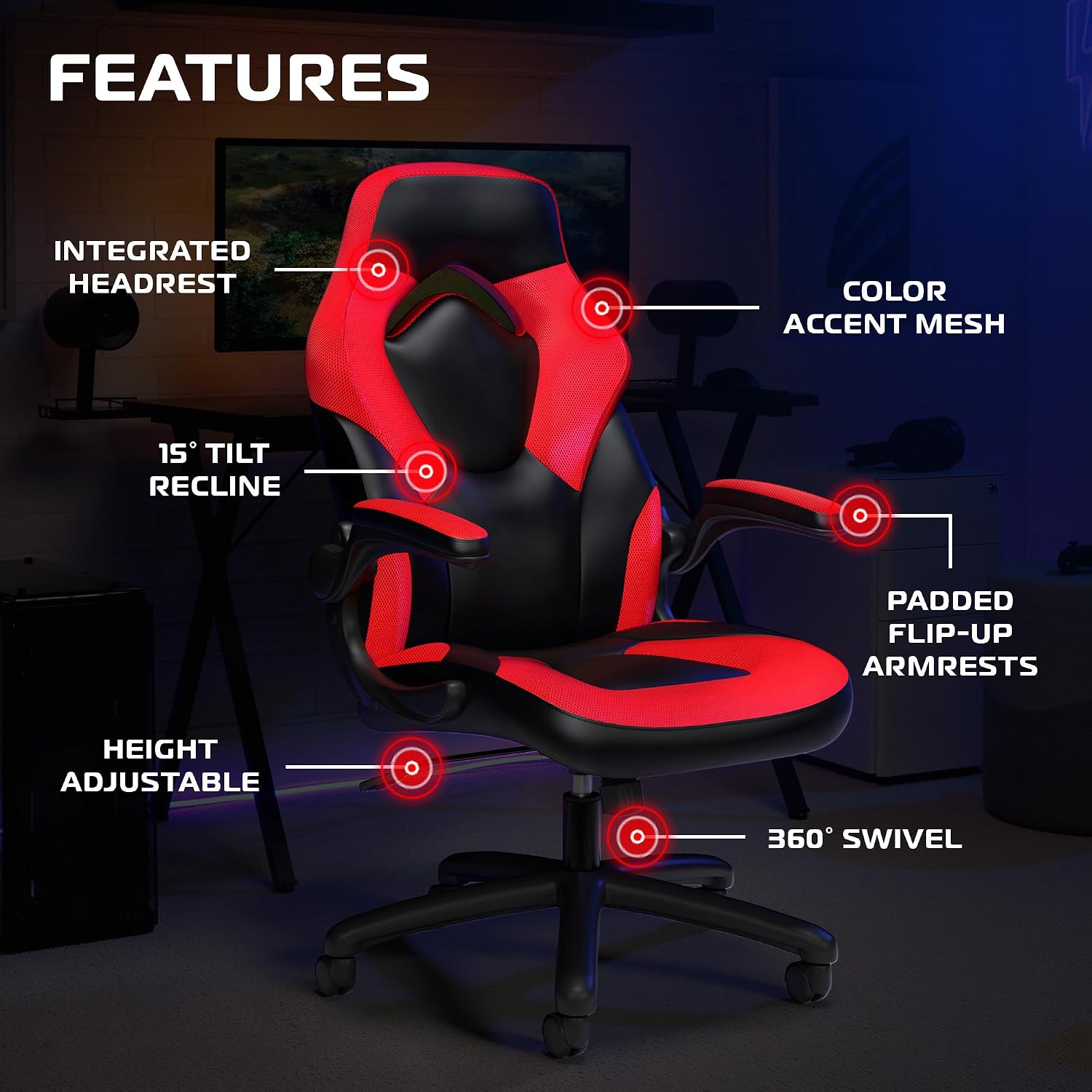 RESPAWN 3085 Ergonomic Gaming Chair for Adults, High Back Office Chair with Headrest and Flip Up Arms, Leather Racing Style Gaming Seat with Lumbar Support, Video Game Computer Desk Seat - Red