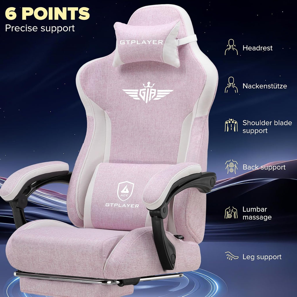 GTPLAYER Gaming Chair, Computer Office Chair Lumbar Support, Linkage Armrests and Footrest, Ergonomic Game Chair for Adults with Extended Backrest, Linen Fabric, Pink