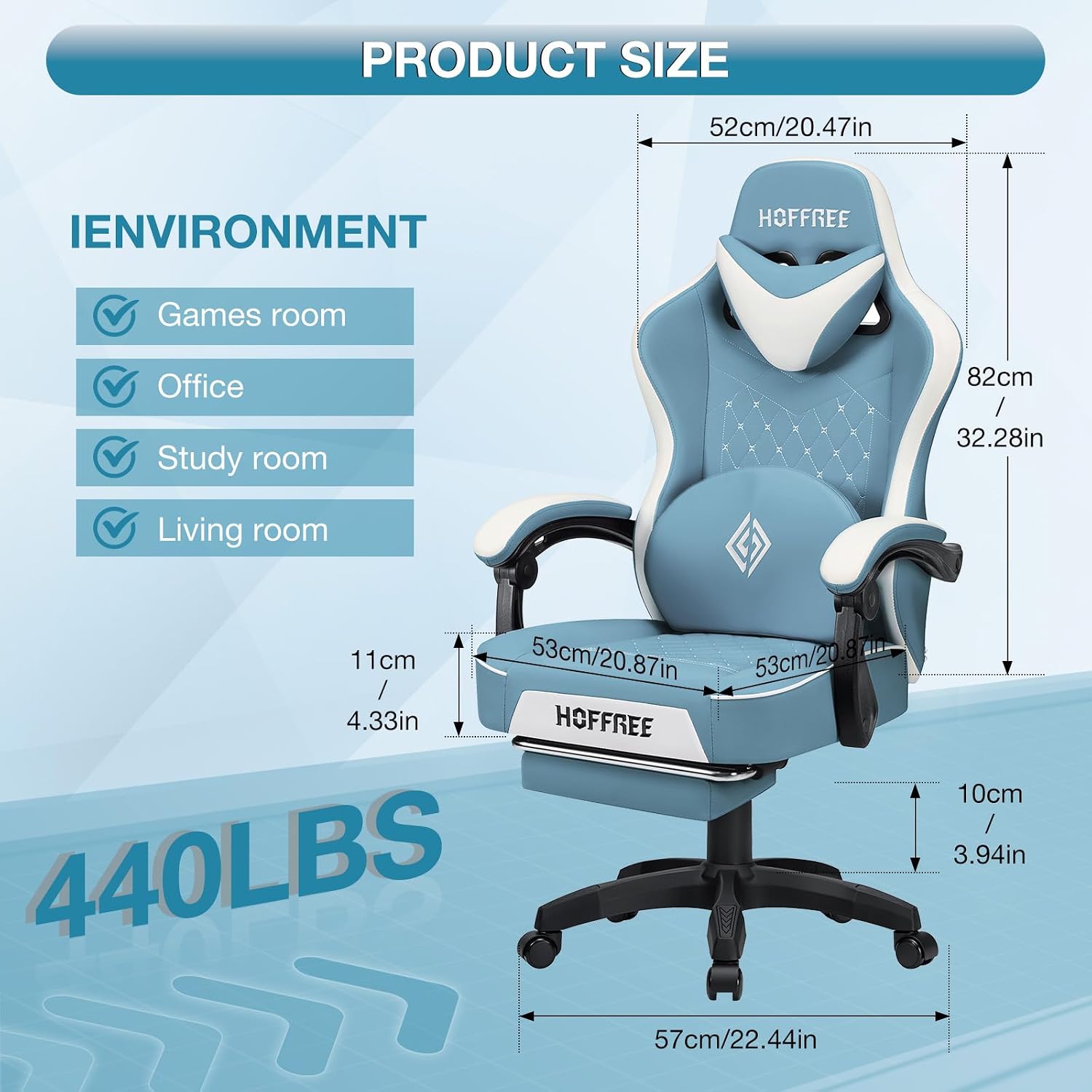HOFFREE Gaming Chair Computer Chair with Speakers Massage Game Chairs with Footrest Bluetooth High Back Ergonomic Computer Gaming Chairs for Adults Reclining Video Gamer Chair Stone Blue and White